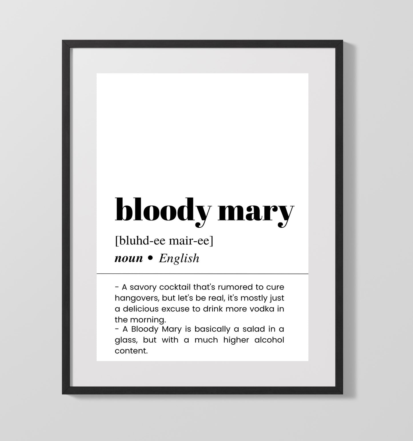 Bloody Mary - Savory Hangover Cure - Gallery Frame bar dictionary wall art