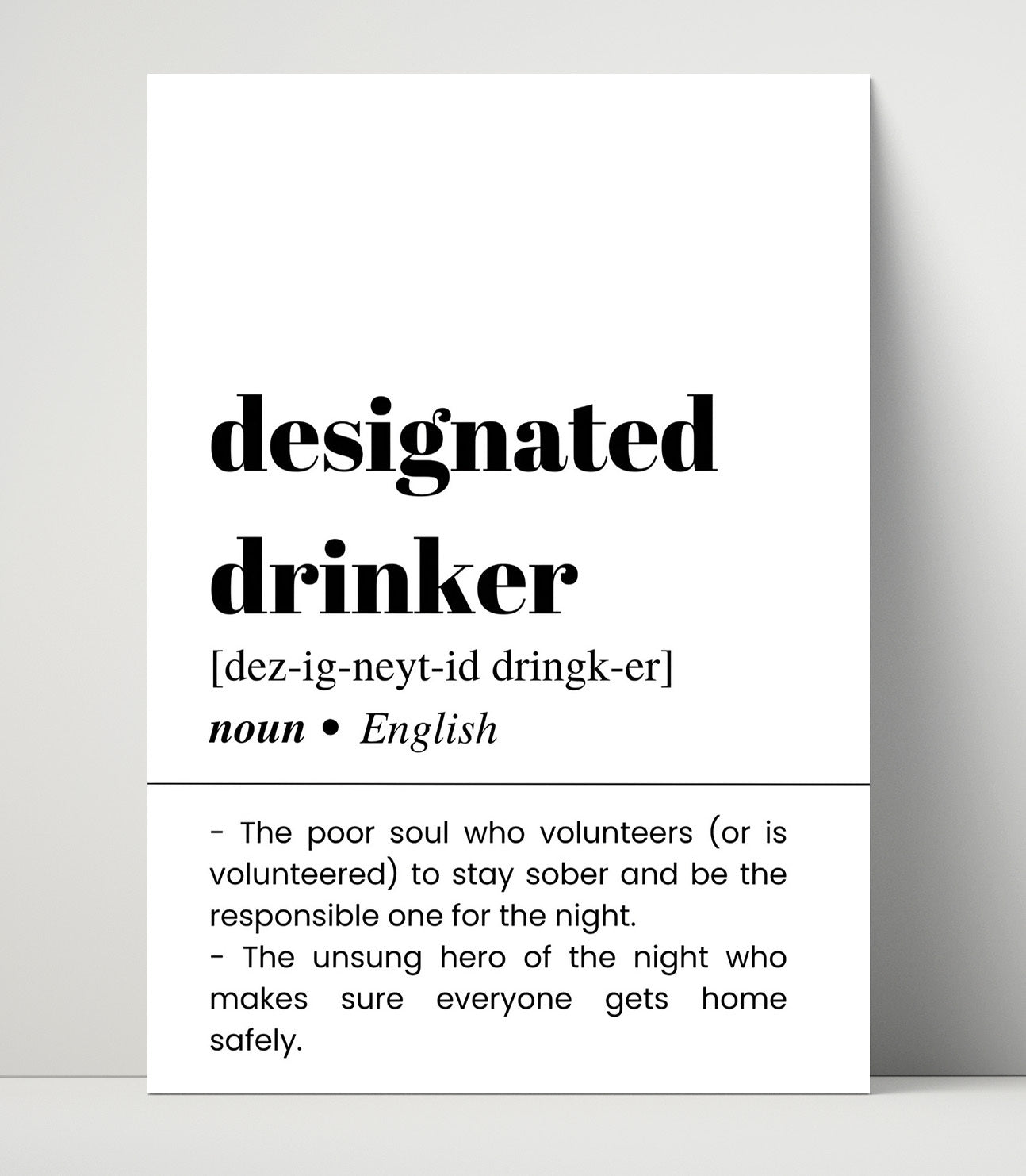 Designated Drinker - Responsible Driver - Unframed Print bar dictionary wall art