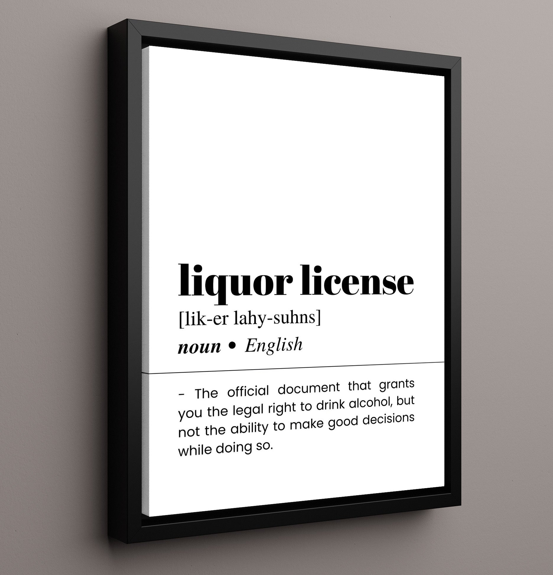 Liquor License - Legal Permission - Framed Canvas bar dictionary wall art