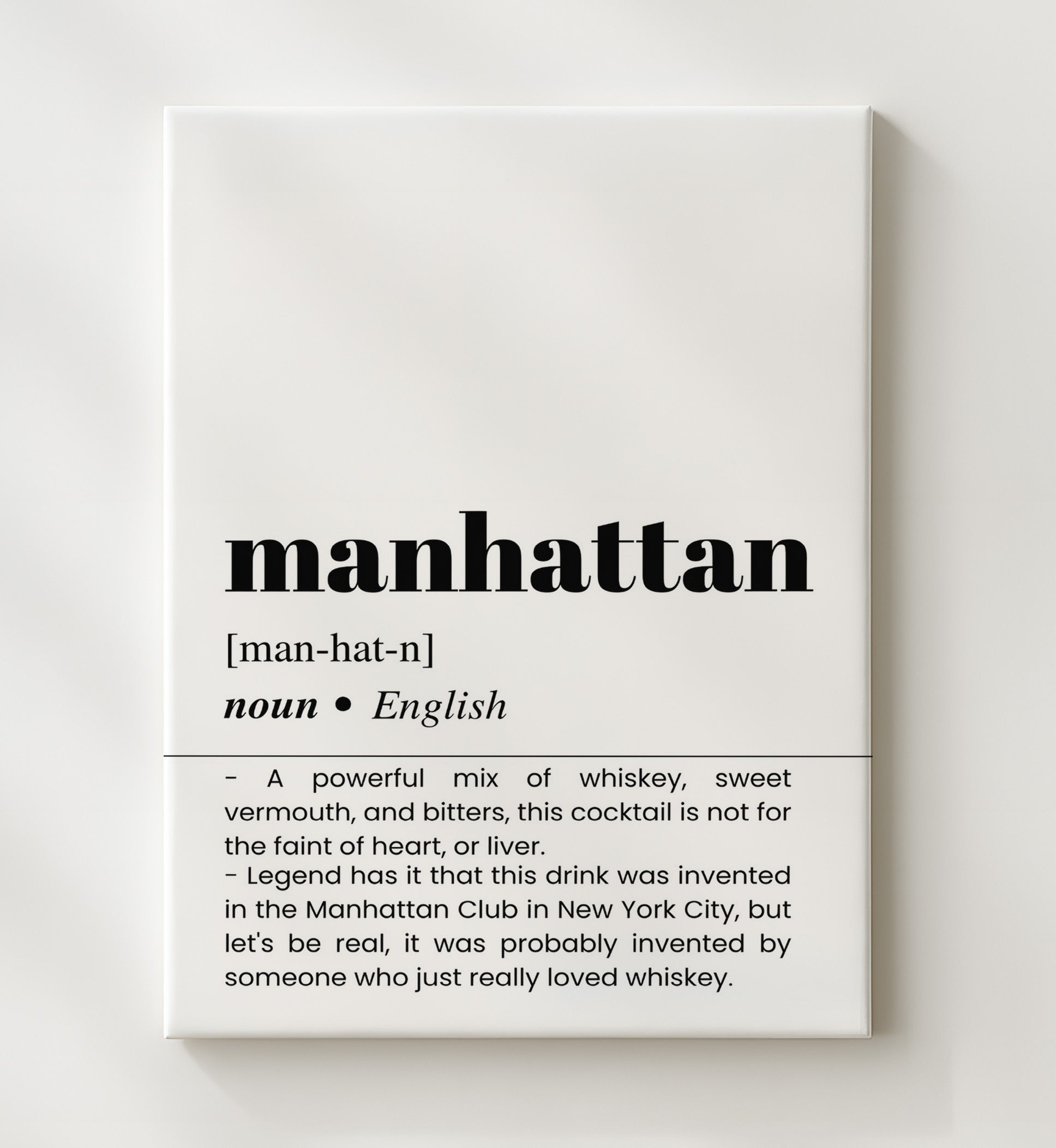 Manhattan - Classic Whiskey Drink - Canvas bar dictionary wall art
