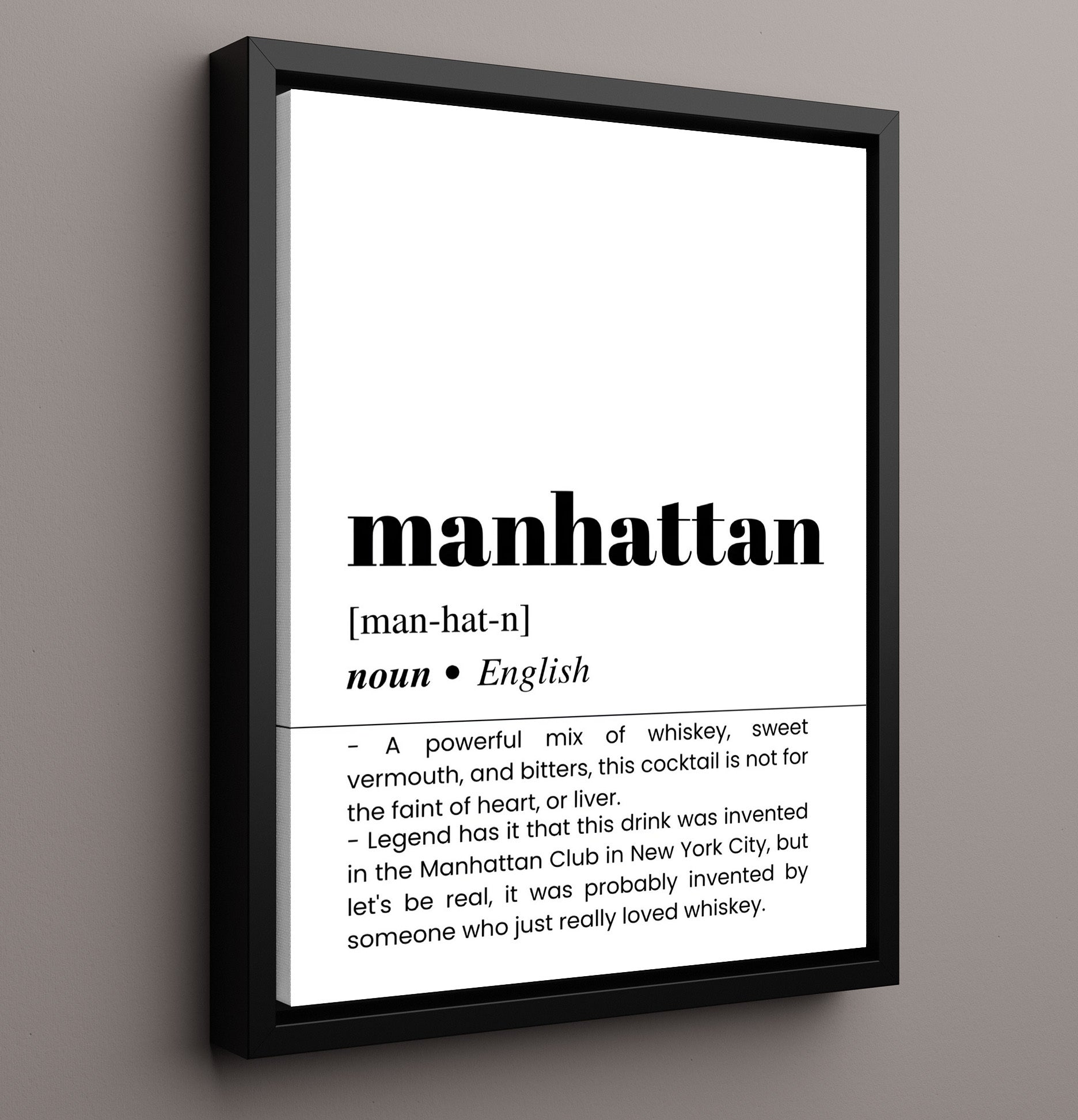 Manhattan - Classic Whiskey Drink - Framed Canvas bar dictionary wall art