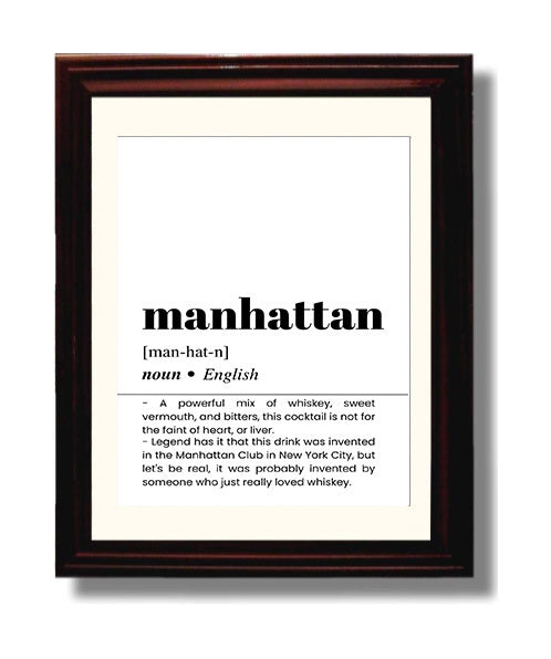 Manhattan - Classic Whiskey Drink - Beveled Frame bar dictionary wall art