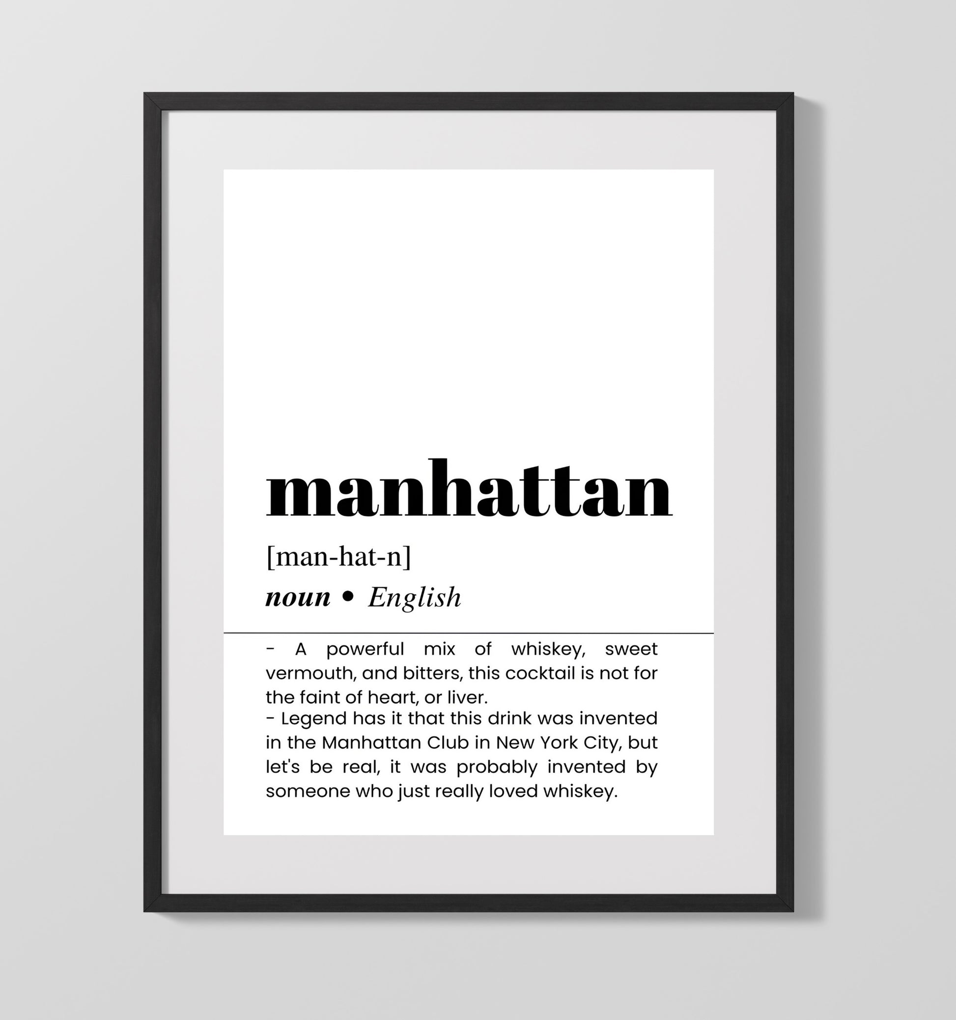 Manhattan - Classic Whiskey Drink - Gallery Frame bar dictionary wall art