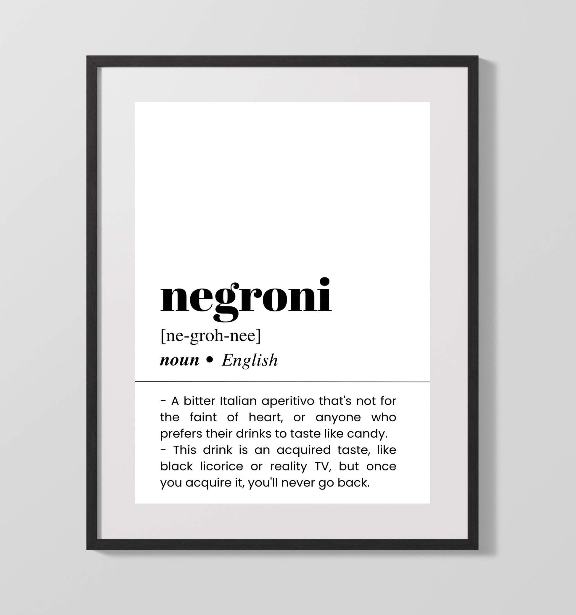 Negroni - Bitter Italian Classic - Gallery Frame bar dictionary wall art