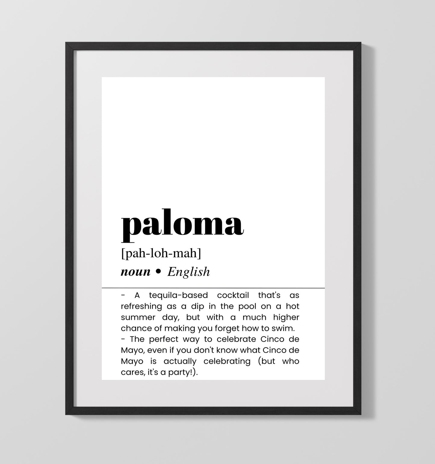 Paloma - Refreshing Tequila Cocktail - Gallery Frame bar dictionary wall art