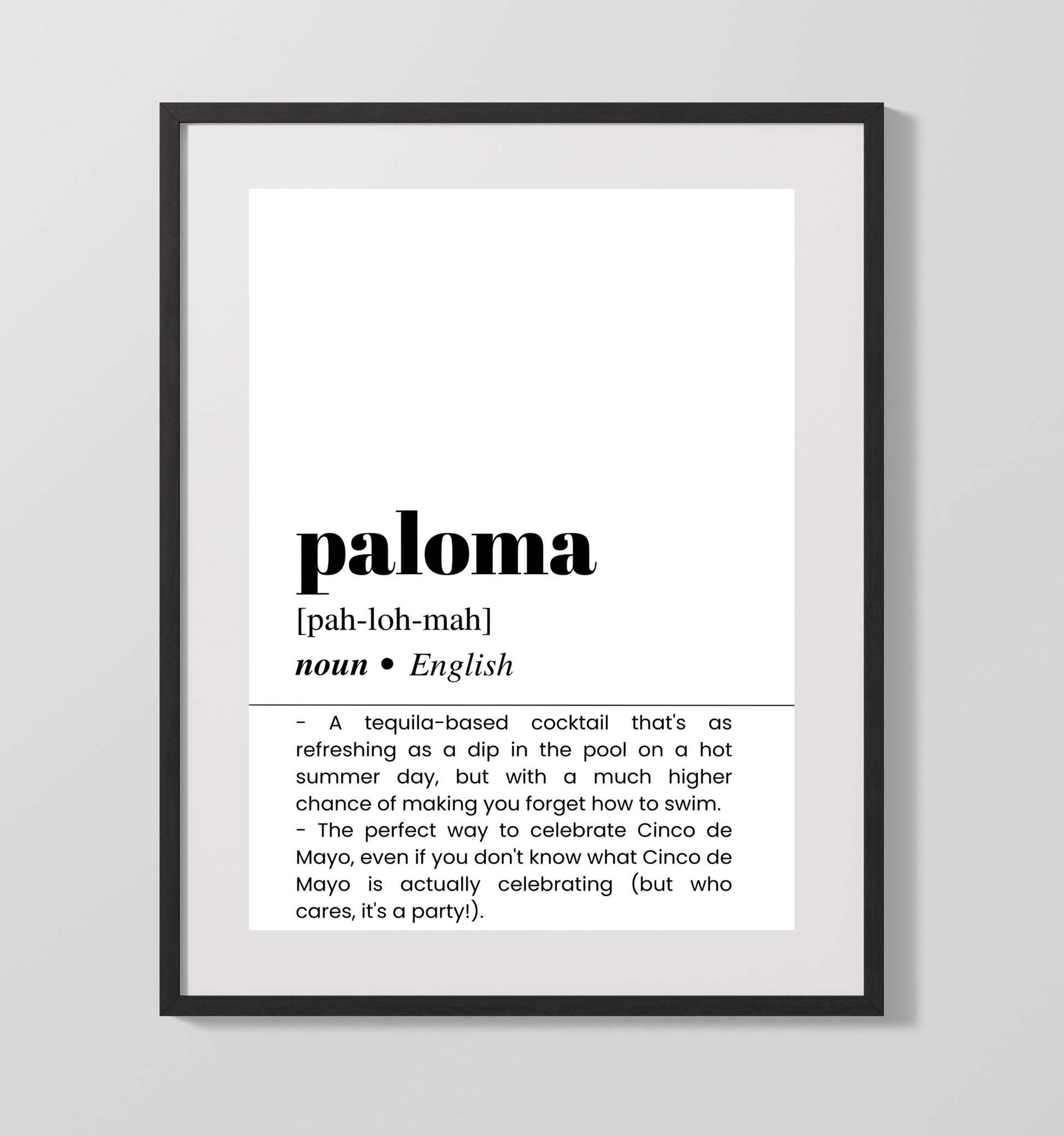Paloma - Refreshing Tequila Cocktail - Gallery Frame bar dictionary wall art