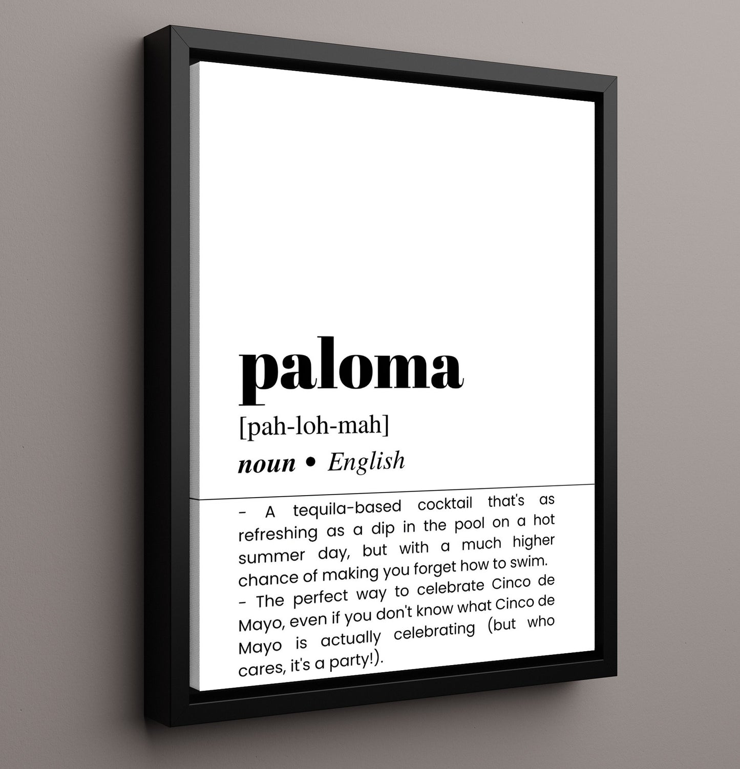 Paloma - Refreshing Tequila Cocktail - Framed Canvas bar dictionary wall art