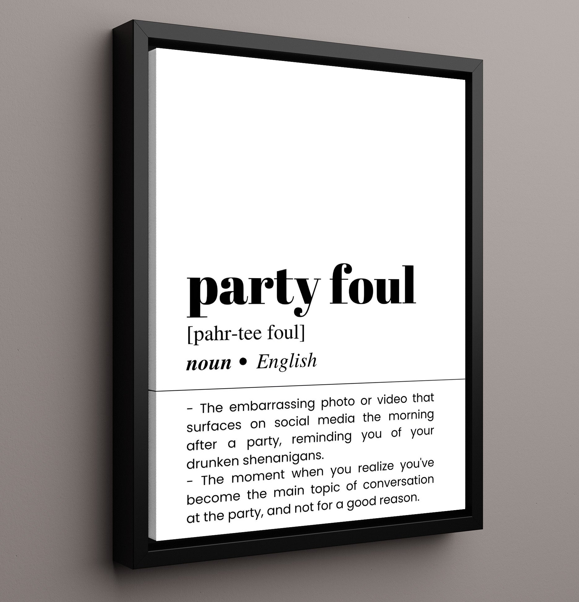 Party Foul - Embarrassing Morning-After - Framed Canvas bar dictionary wall art