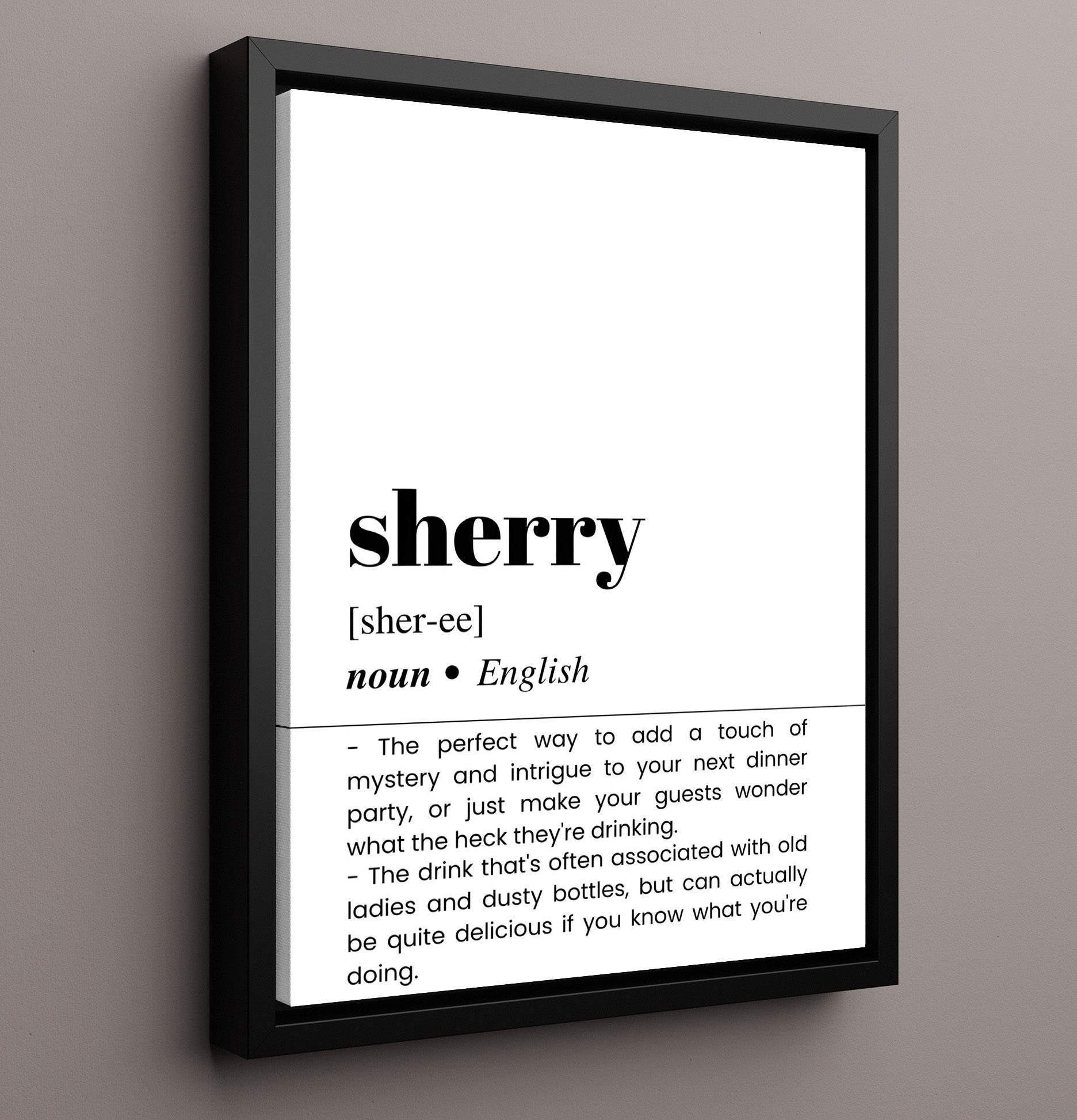 Sherry - Dinner Party Mystery - Framed Canvas bar dictionary wall art