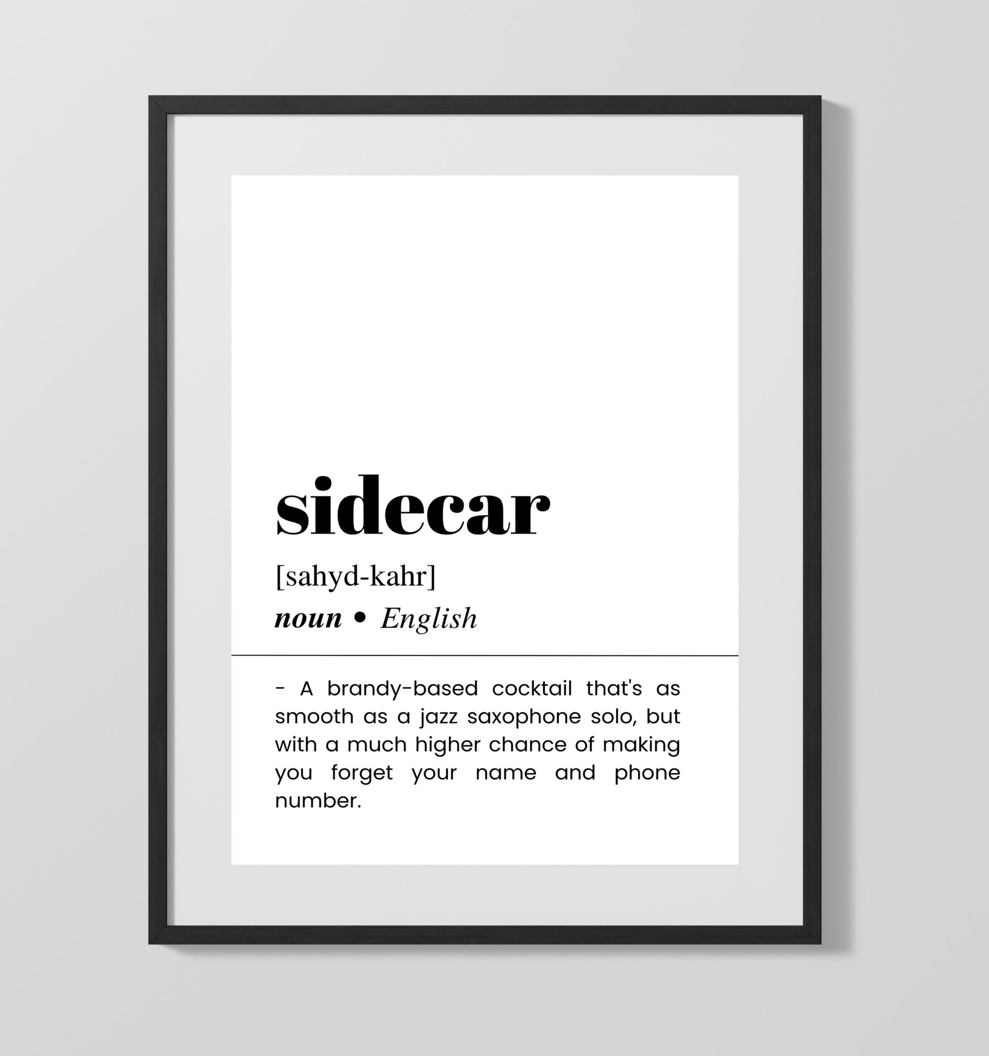 Sidecar - Brandy Cocktail Classic - Gallery Frame bar dictionary wall art