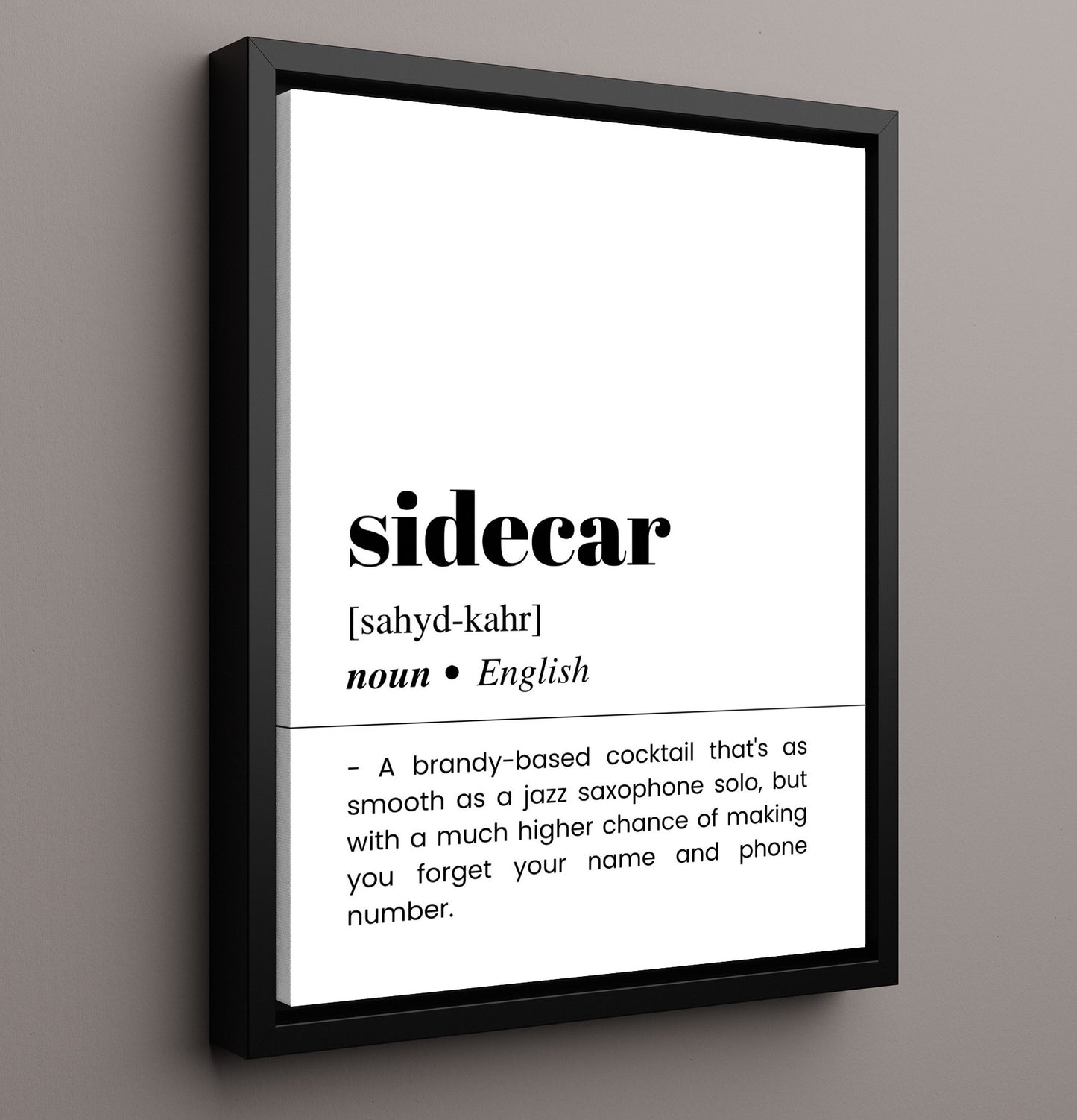 Sidecar - Brandy Cocktail Classic - Framed Canvas bar dictionary wall art
