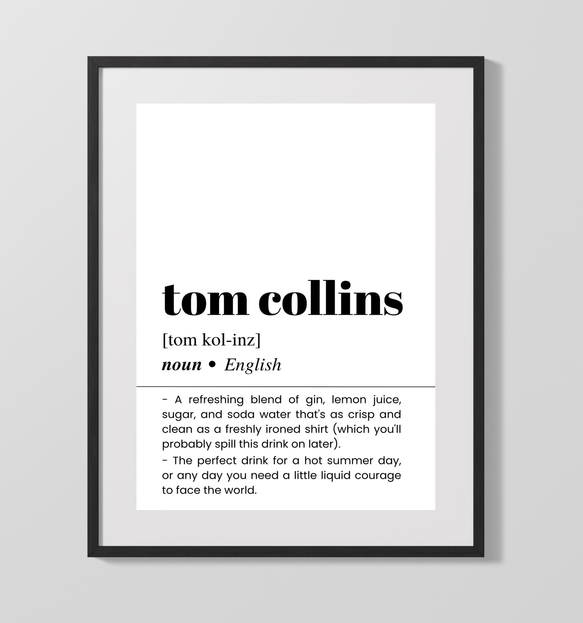 Tom Collins - Gin Cocktail Classic - Gallery Frame bar dictionary wall art