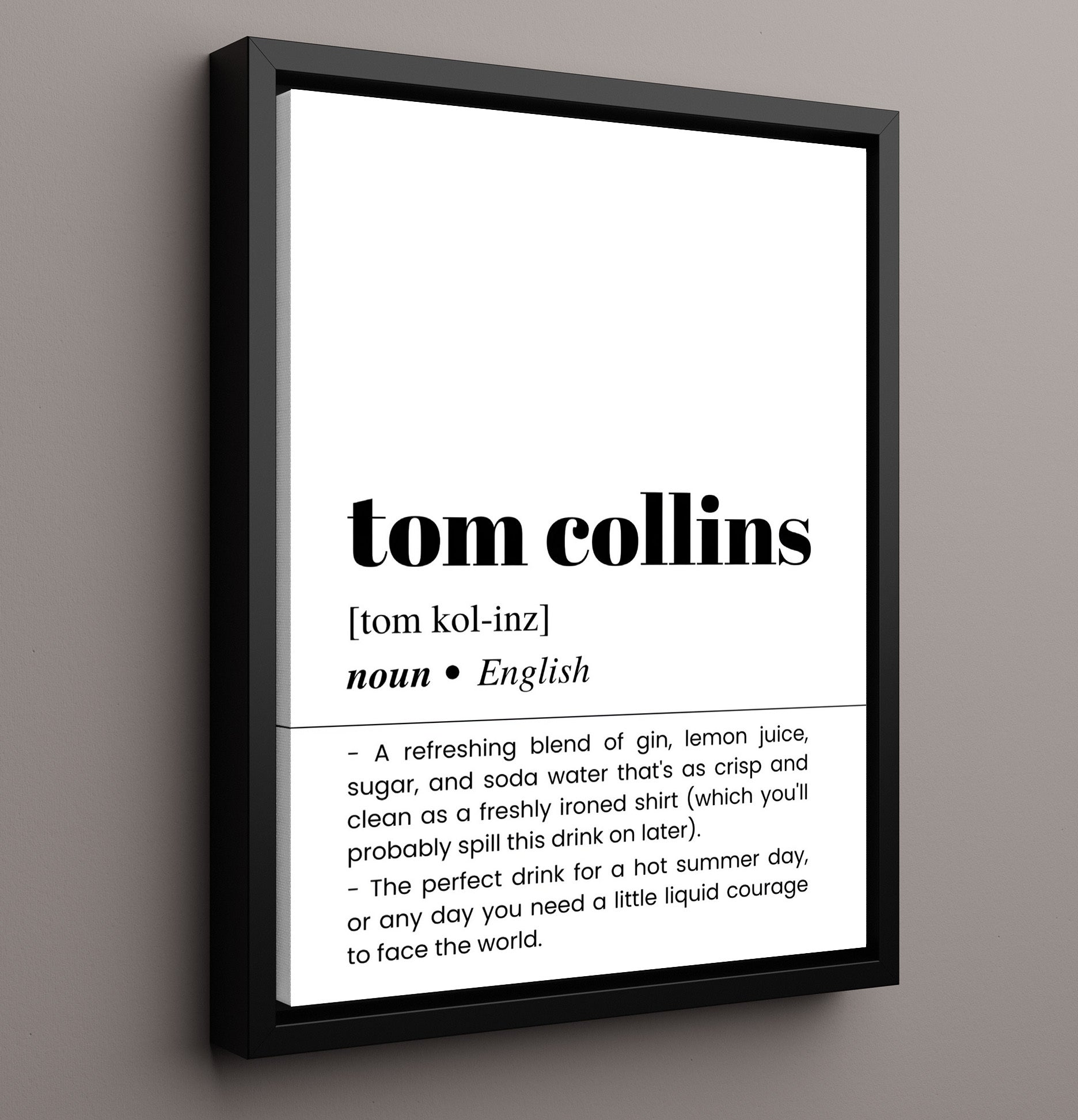 Tom Collins - Gin Cocktail Classic - Framed Canvas bar dictionary wall art