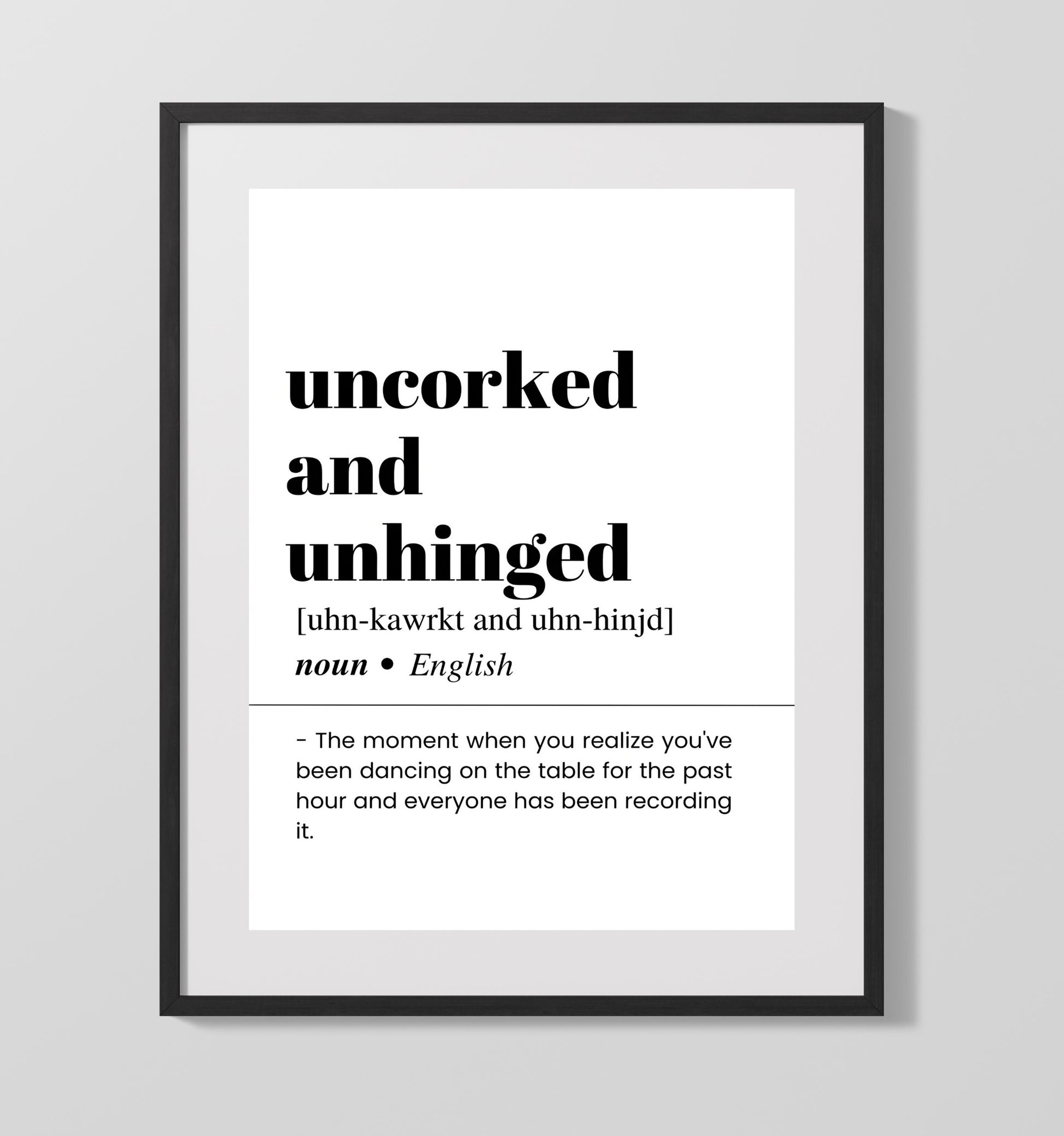Uncorked and Unhinged - Wine Humor - Gallery Frame bar dictionary wall art