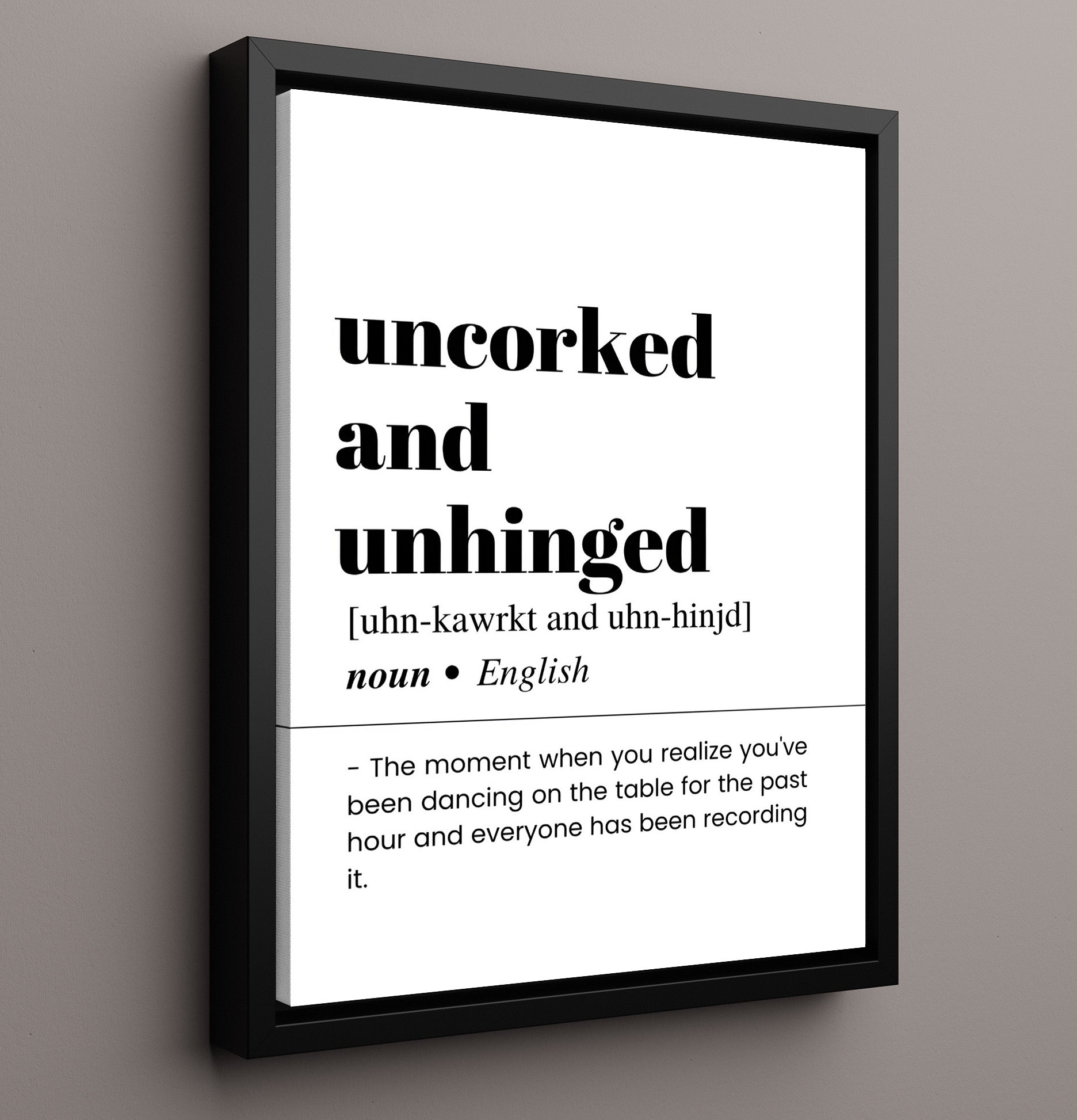 Uncorked and Unhinged - Wine Humor - Framed Canvas bar dictionary wall art