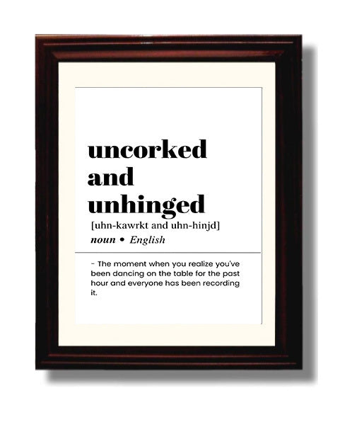 Uncorked and Unhinged - Wine Humor - Beveled Frame bar dictionary wall art