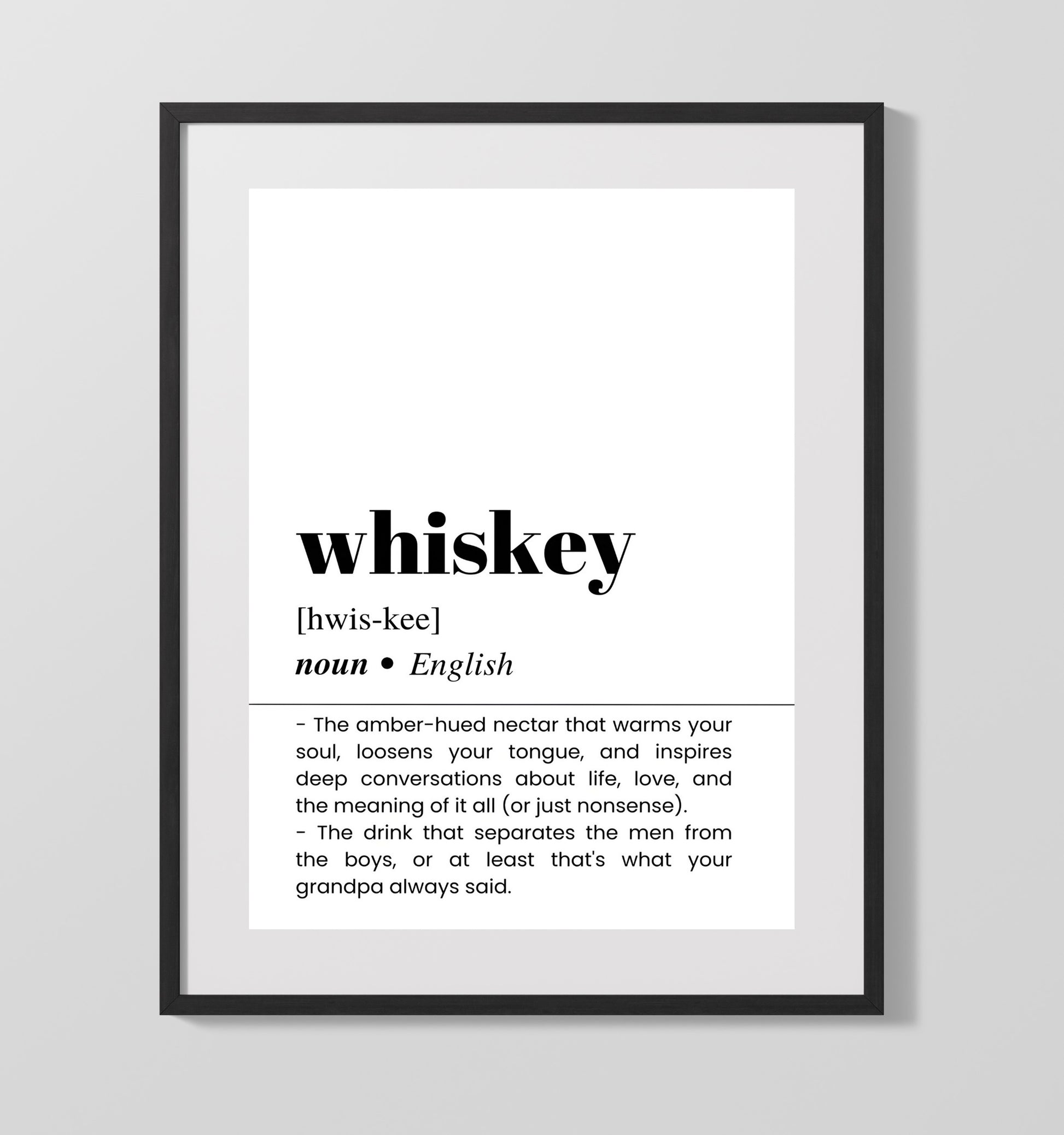 Bar Dictionary - Whiskey Soul Warming Spirit 16x20 Gallery Framed Artwork cocktail wall art print
