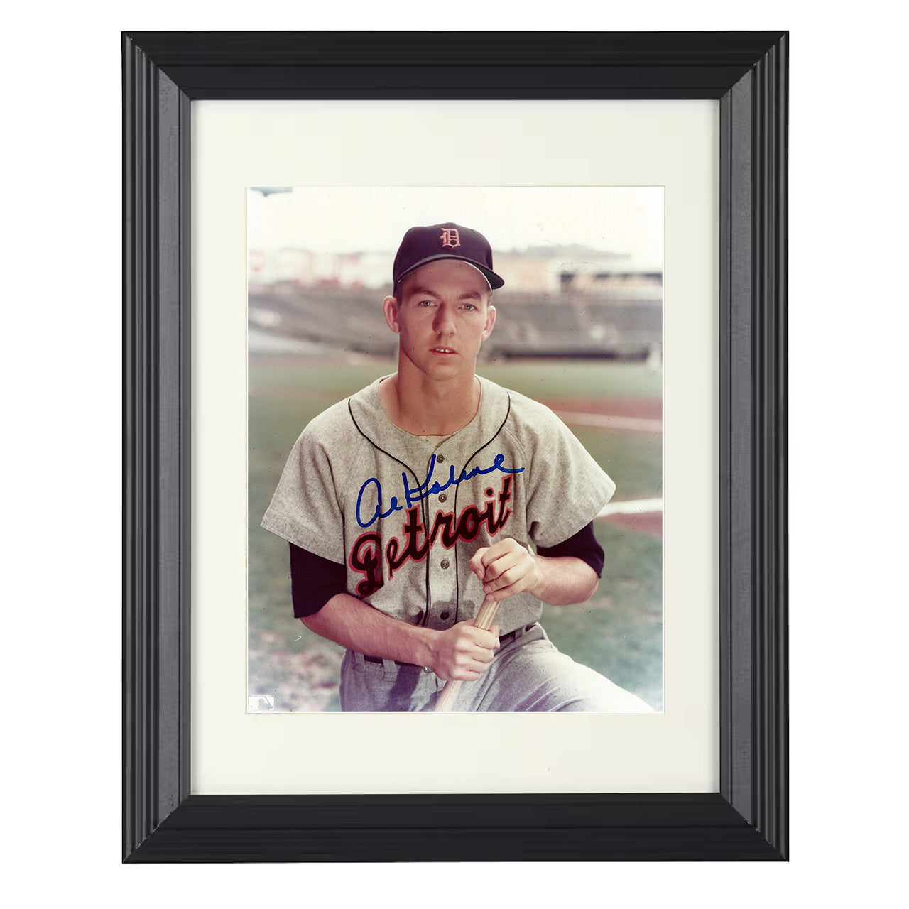 Al Kaline - Kneeling bat pose color portrait 8x10 black beveled framed baseball wall art