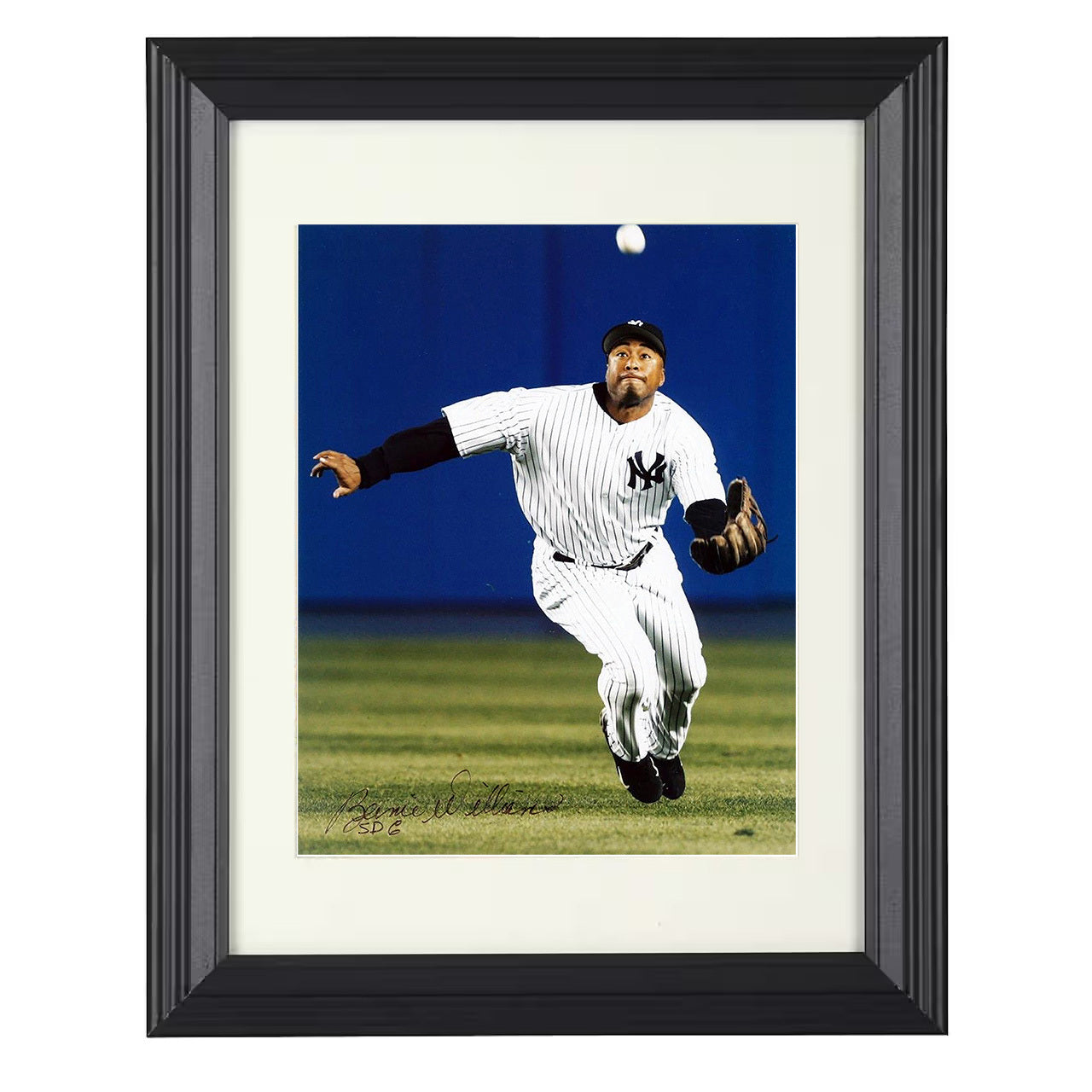 Bernie Williams - Diving Catch Under Night Sky 8x10 black beveled framed baseball wall art