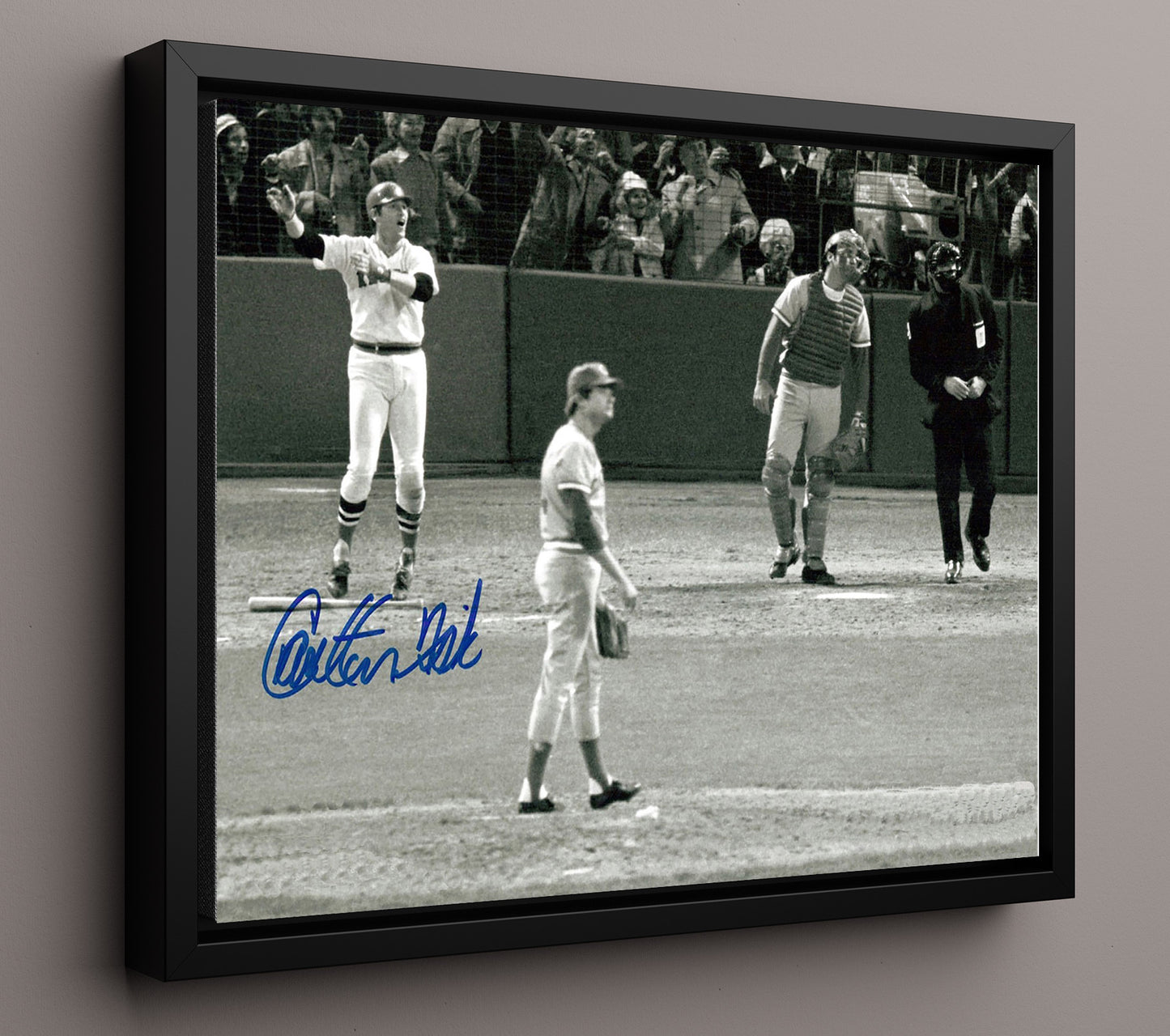 Carlton Fisk - Iconic Stay Fair Home Run Baseball Wall Art 16x20 Framed Canvas wall art print – Baseball Wall Art decor