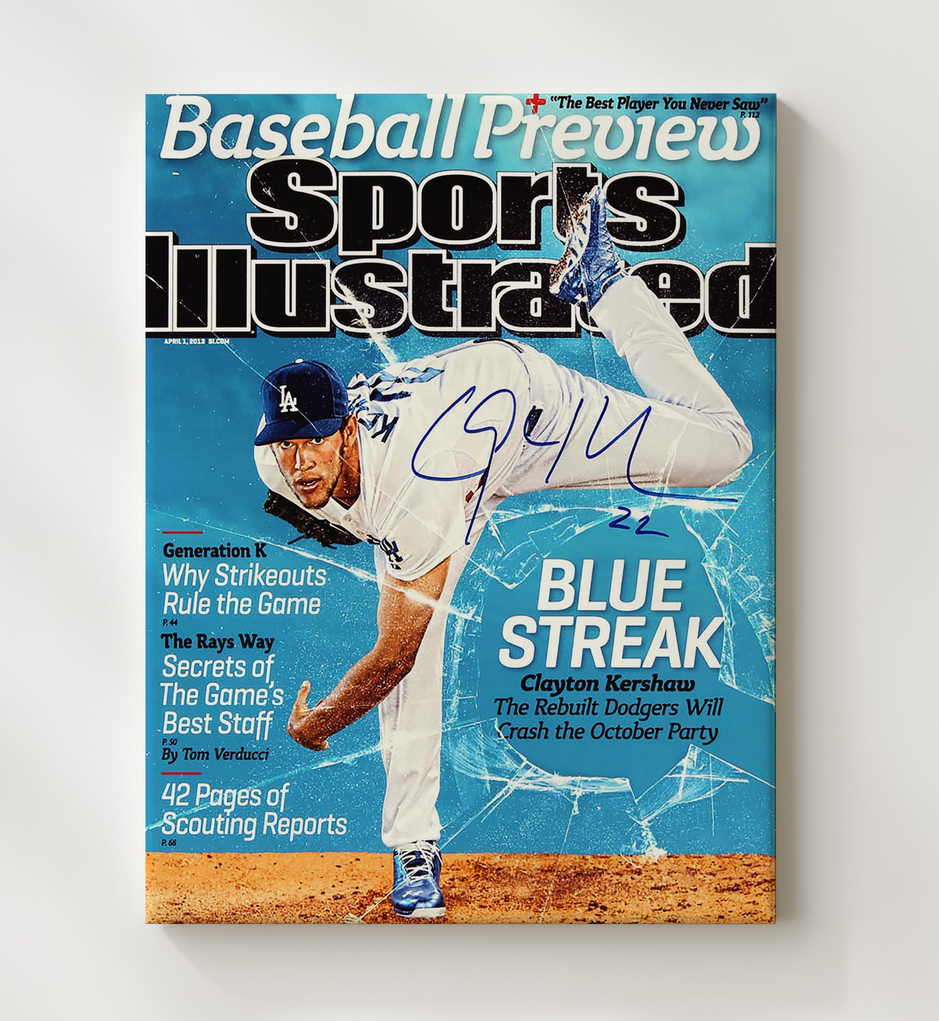 Clayton Kershaw - 2013 SI Cover Los Angeles Legend Blue Streak Spotlight Baseball Wall Art 20x24 Canvas wall art print – Baseball Wall Art decor