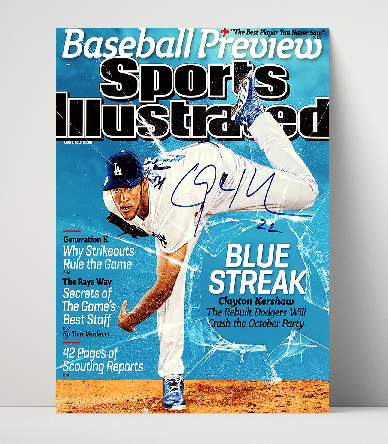Clayton Kershaw - 2013 SI Cover Los Angeles Legend Blue Streak Spotlight Baseball Wall Art 16x20 Unframed Print wall art print – Baseball Wall Art decor