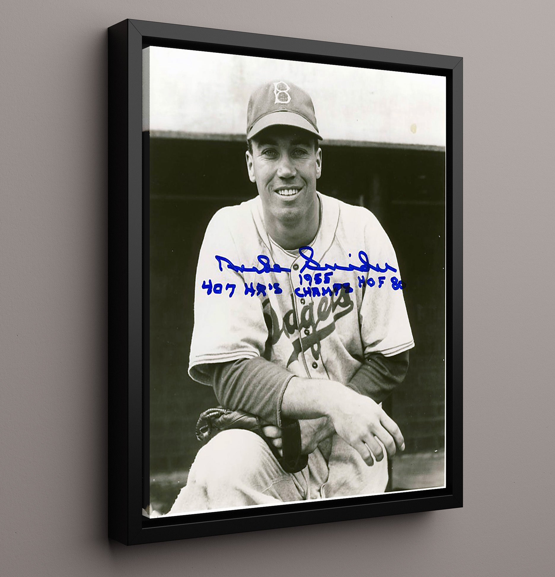 Duke Snider - HOF Stats 1955 Champs Baseball Wall Art 16x20 Framed Canvas wall art print – Baseball Wall Art decor