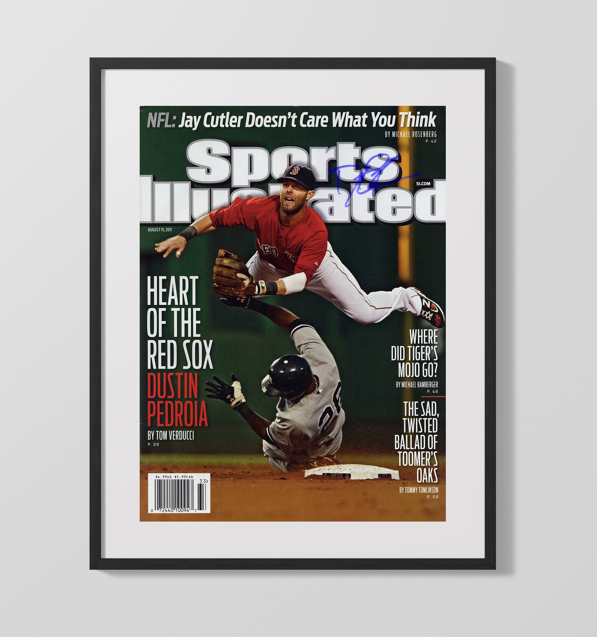 Dustin Pedroia - Diving play at second base SI Cover 2011 Baseball Wall Art 16x20 Gallery Frame wall art print – Baseball Wall Art decor