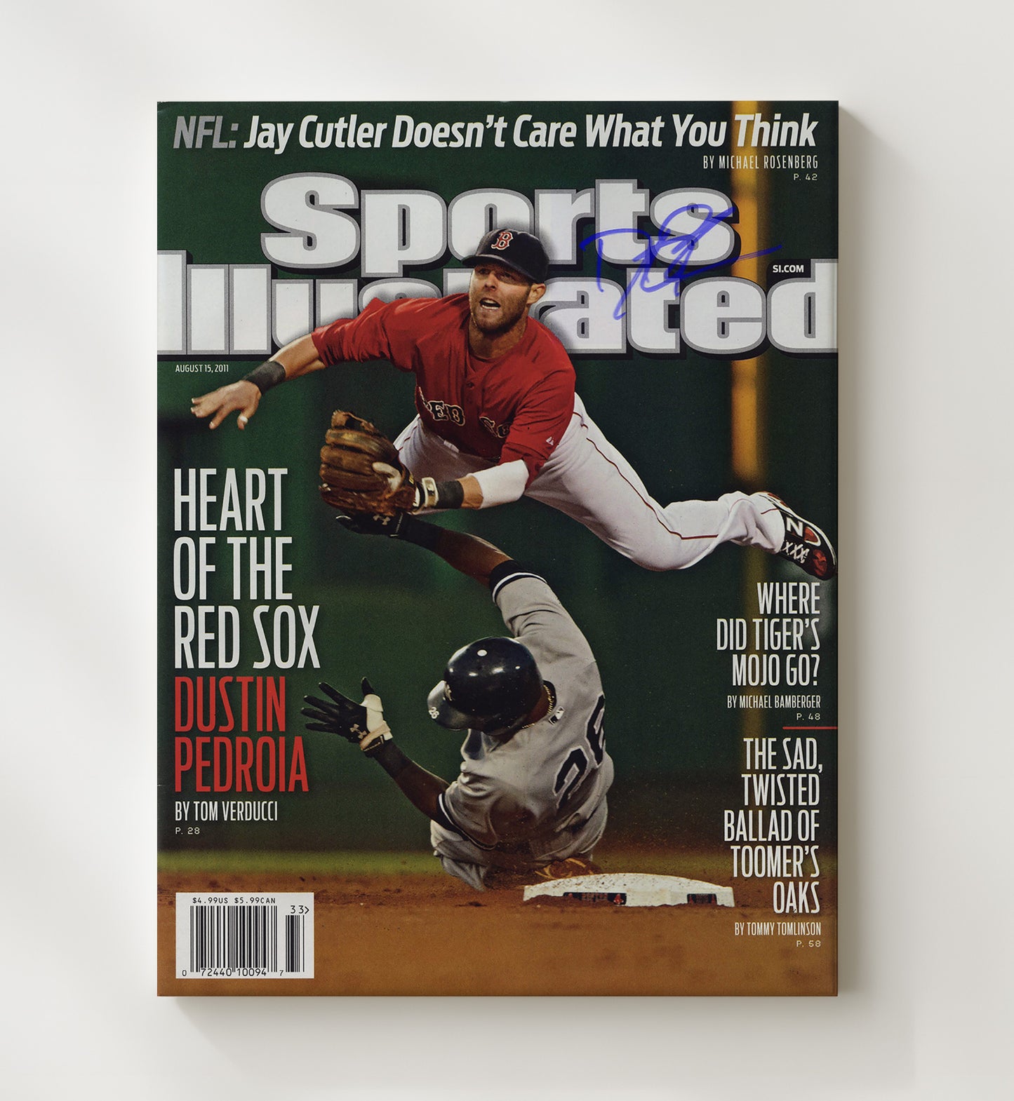 Dustin Pedroia - Diving play at second base SI Cover 2011 Baseball Wall Art 20x24 Canvas wall art print – Baseball Wall Art decor