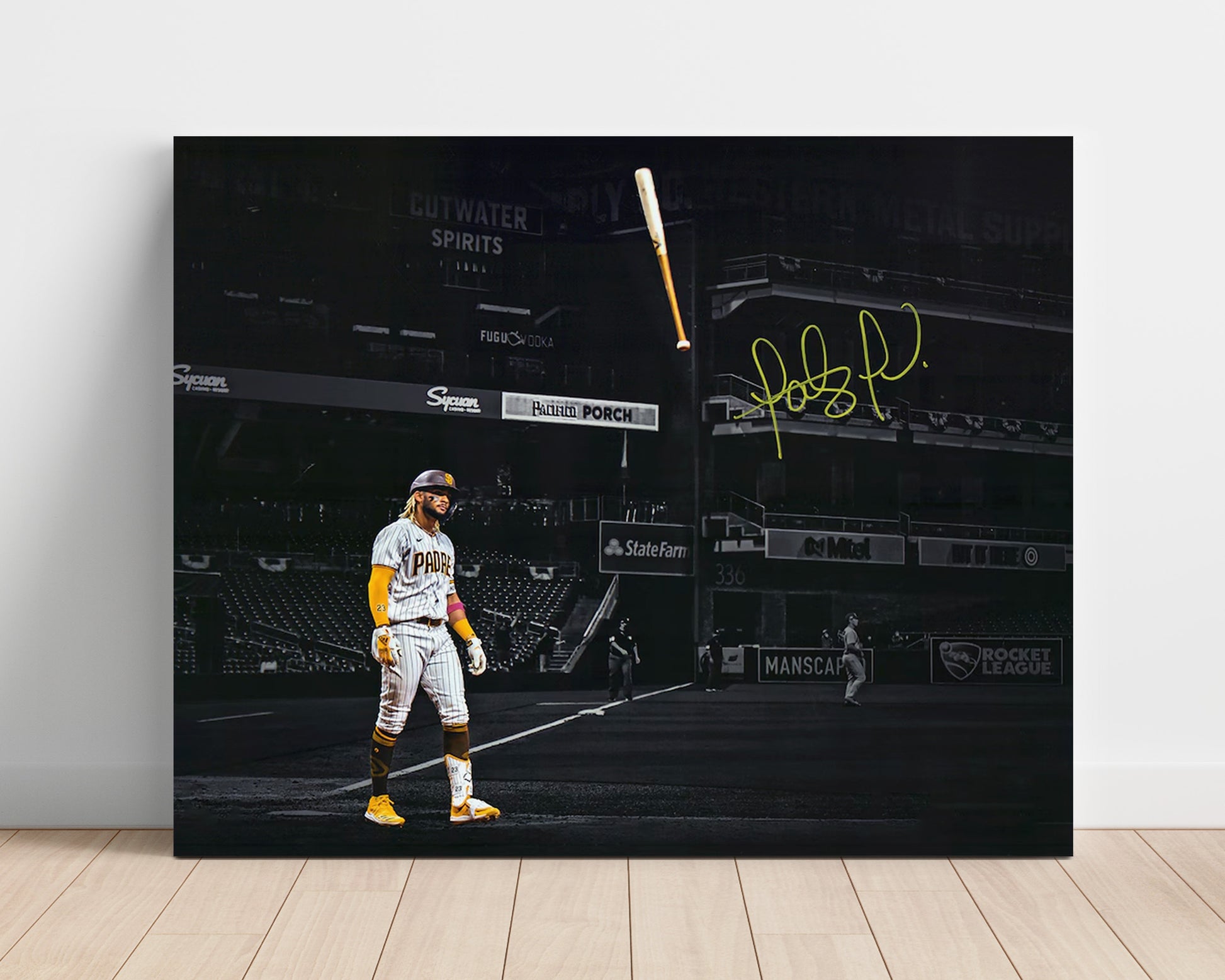 Fernando Tatis Jr - Bat Flip Spotlight Baseball Wall Art 16x20 Unframed Print wall art print – Baseball Wall Art decor
