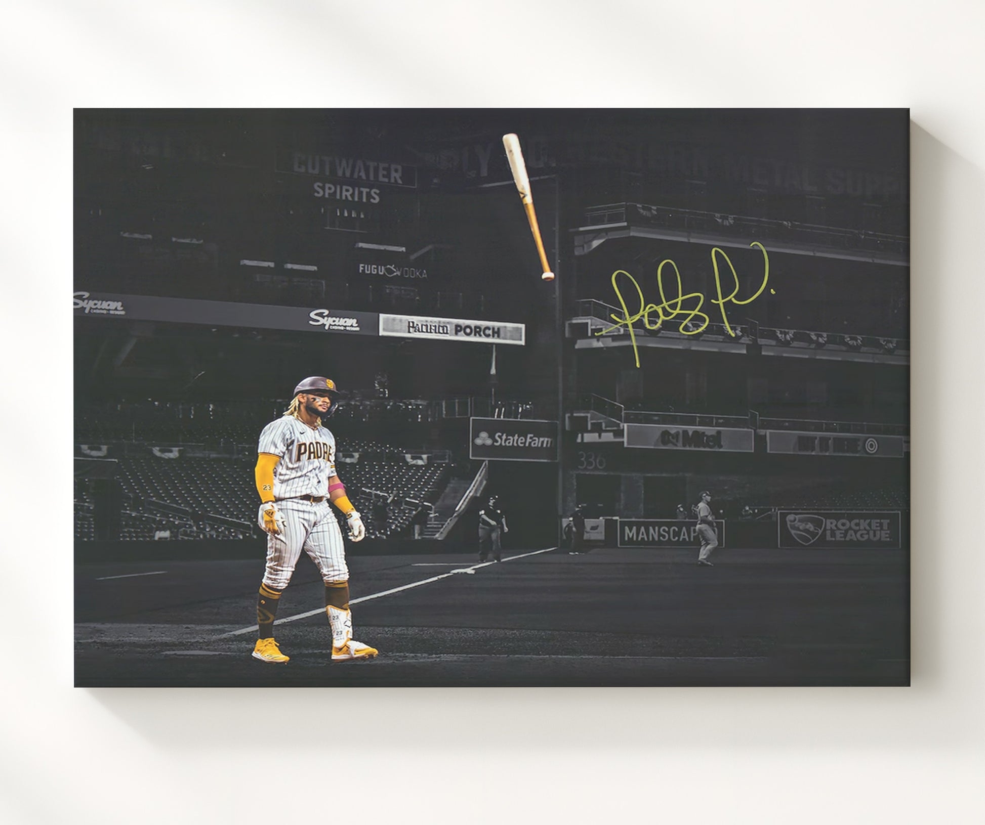 Fernando Tatis Jr - Bat Flip Spotlight Baseball Wall Art 20x24 Canvas wall art print – Baseball Wall Art decor