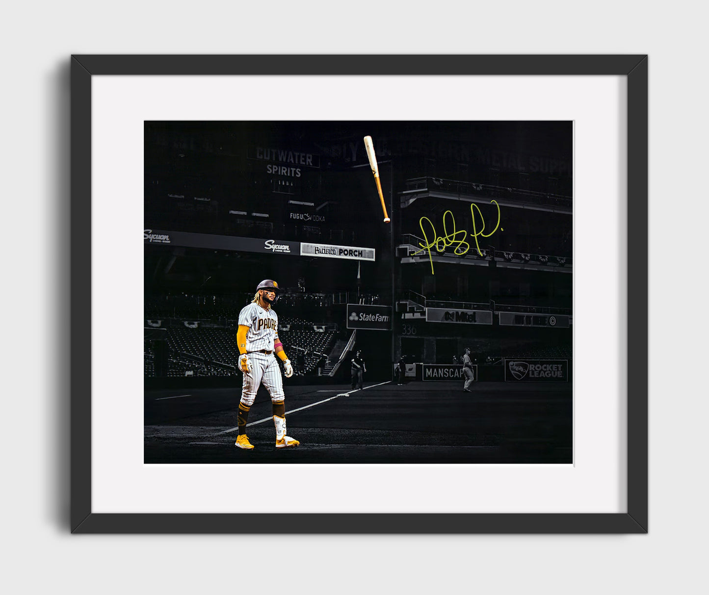 Fernando Tatis Jr - Bat Flip Spotlight Baseball Wall Art 16x20 Gallery Frame wall art print – Baseball Wall Art decor