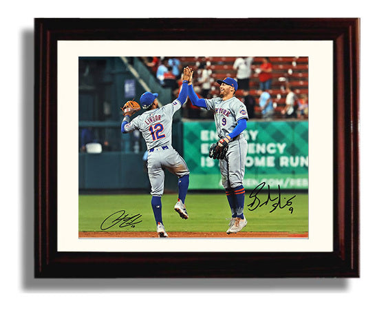 Francisco Lindor and Brandon Nimmo - Post Win High Five Baseball Wall Art 8x10 Beveled Frame wall art print – Baseball Wall Art decor