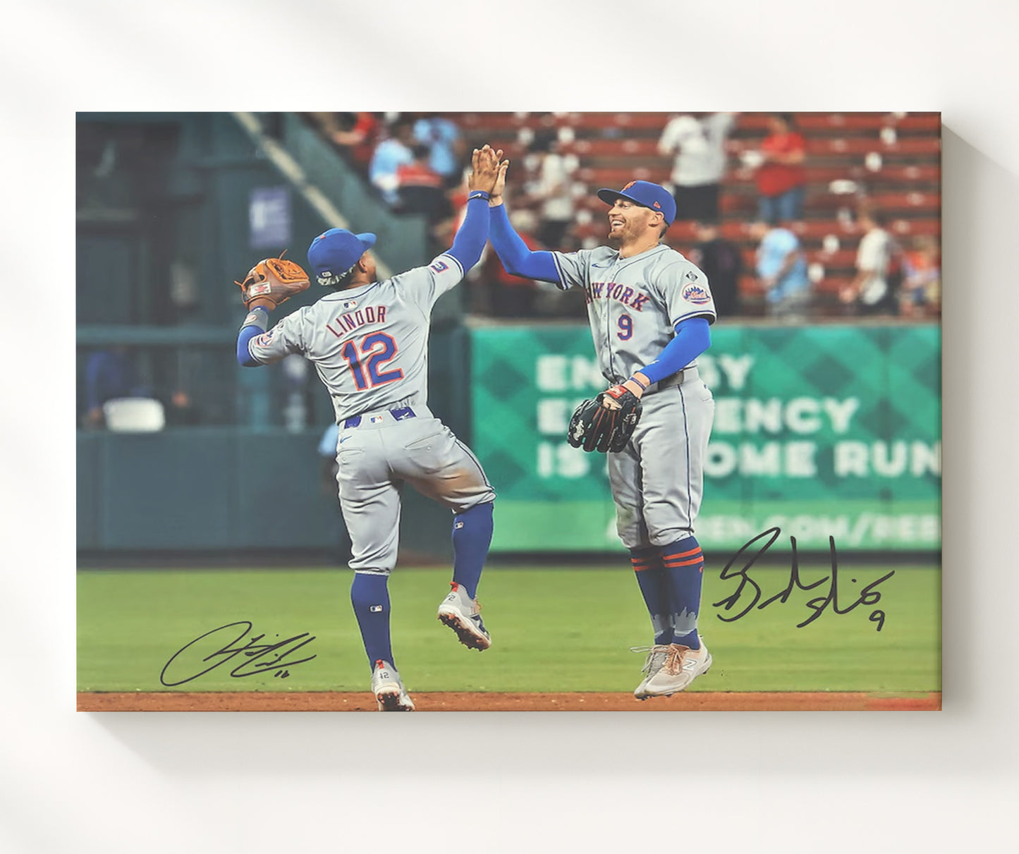 Francisco Lindor and Brandon Nimmo - Post Win High Five Baseball Wall Art 20x24 Canvas wall art print – Baseball Wall Art decor