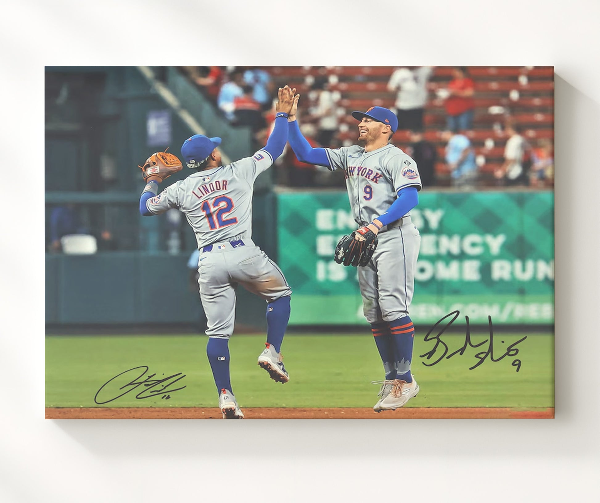 Francisco Lindor and Brandon Nimmo - Post Win High Five Baseball Wall Art 20x24 Canvas wall art print – Baseball Wall Art decor