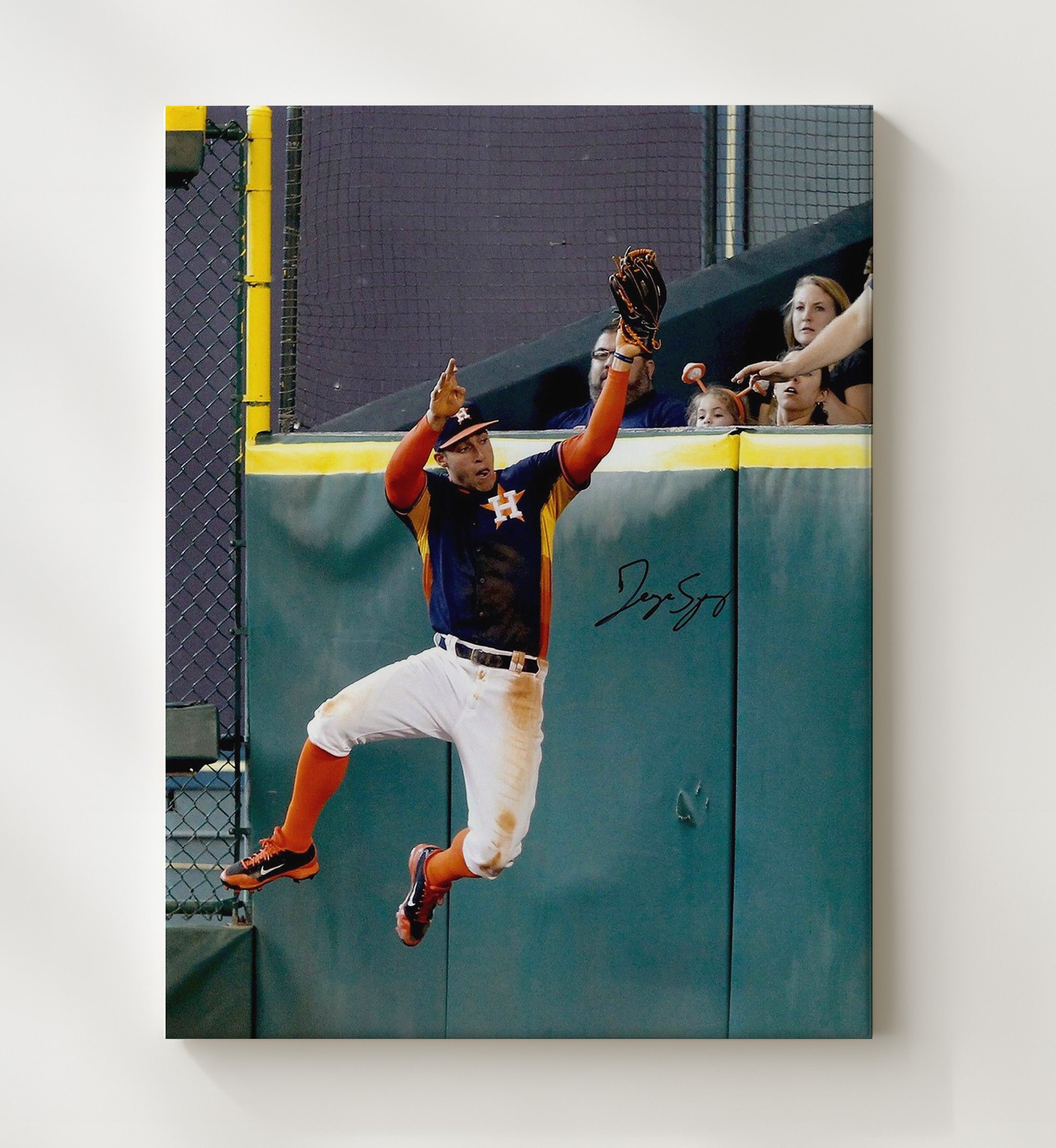 George Springer - Astros Wall Catch Signed Baseball Wall Art 20x24 Canvas wall art print – Baseball Wall Art decor