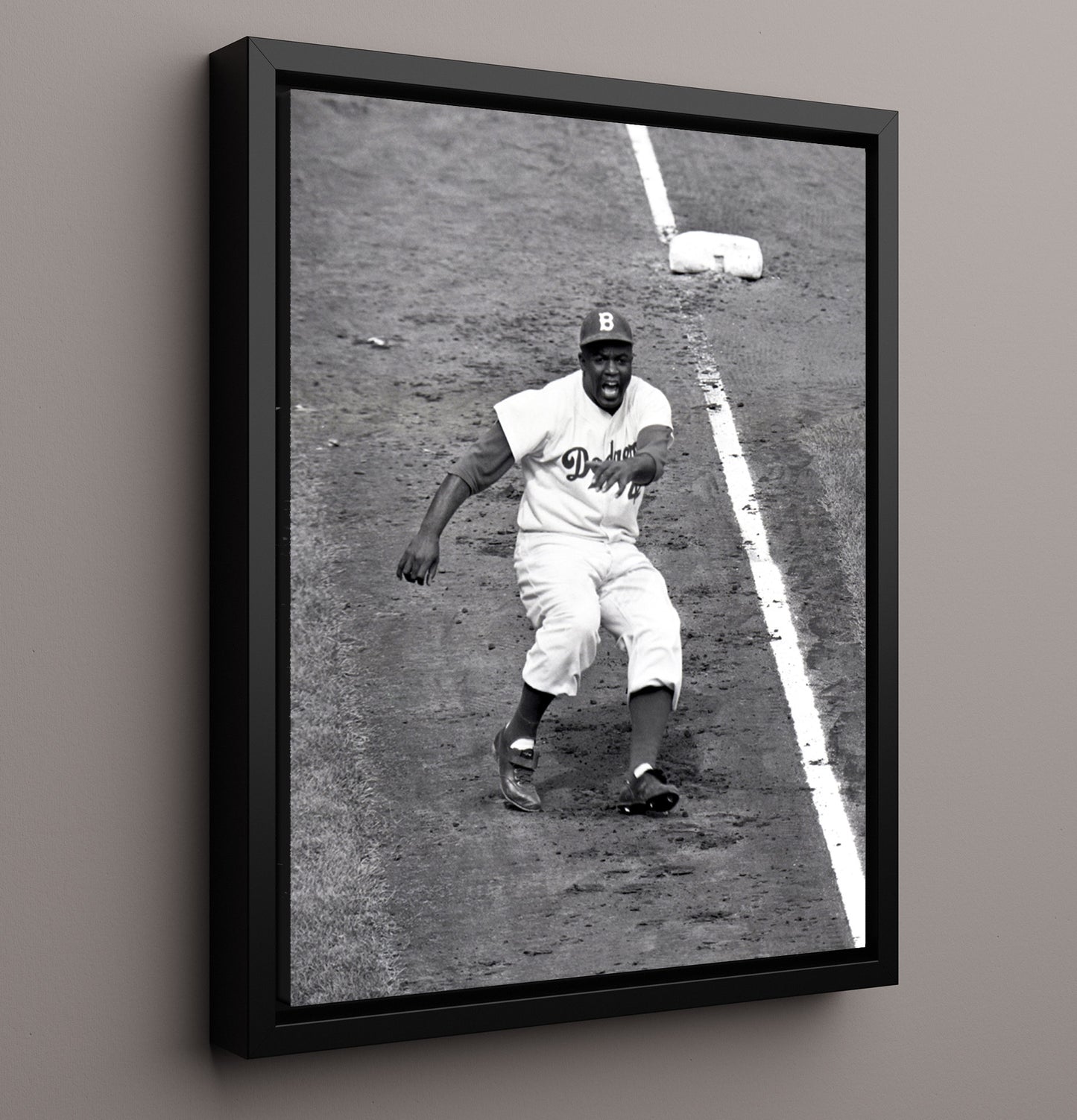 Jackie Robinson - Brooklyn Dugout Slide Celebration Baseball Wall Art 16x20 Framed Canvas wall art print – Baseball Wall Art decor