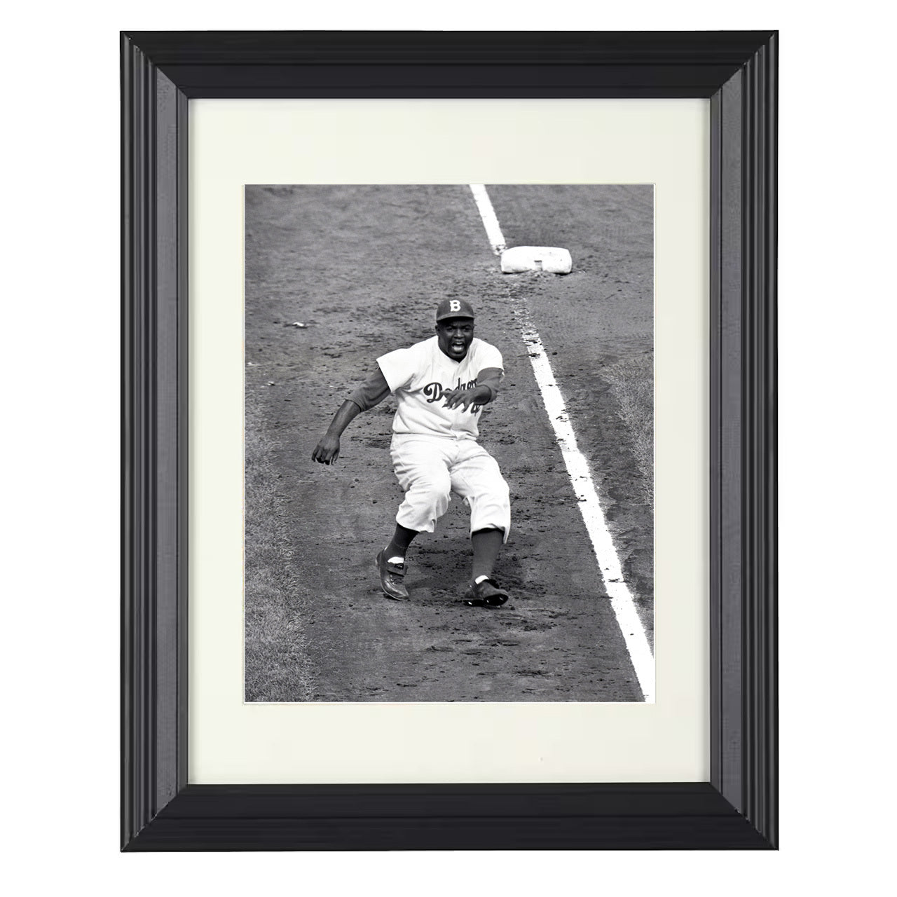 Jackie Robinson - Brooklyn Dugout Slide Celebration 8x10 black beveled framed baseball wall art