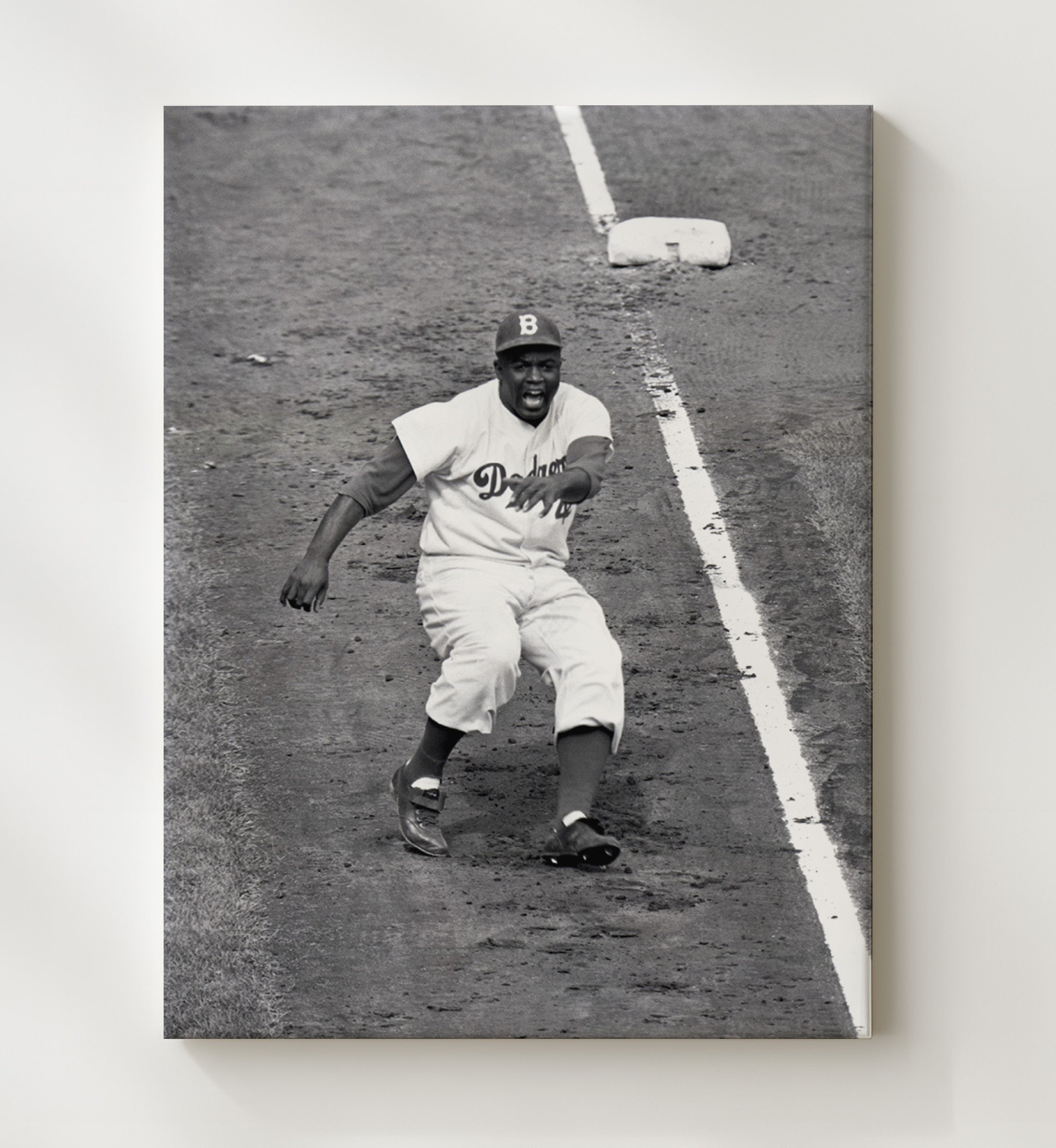 Jackie Robinson - Brooklyn Dugout Slide Celebration Baseball Wall Art 20x24 Canvas wall art print – Baseball Wall Art decor