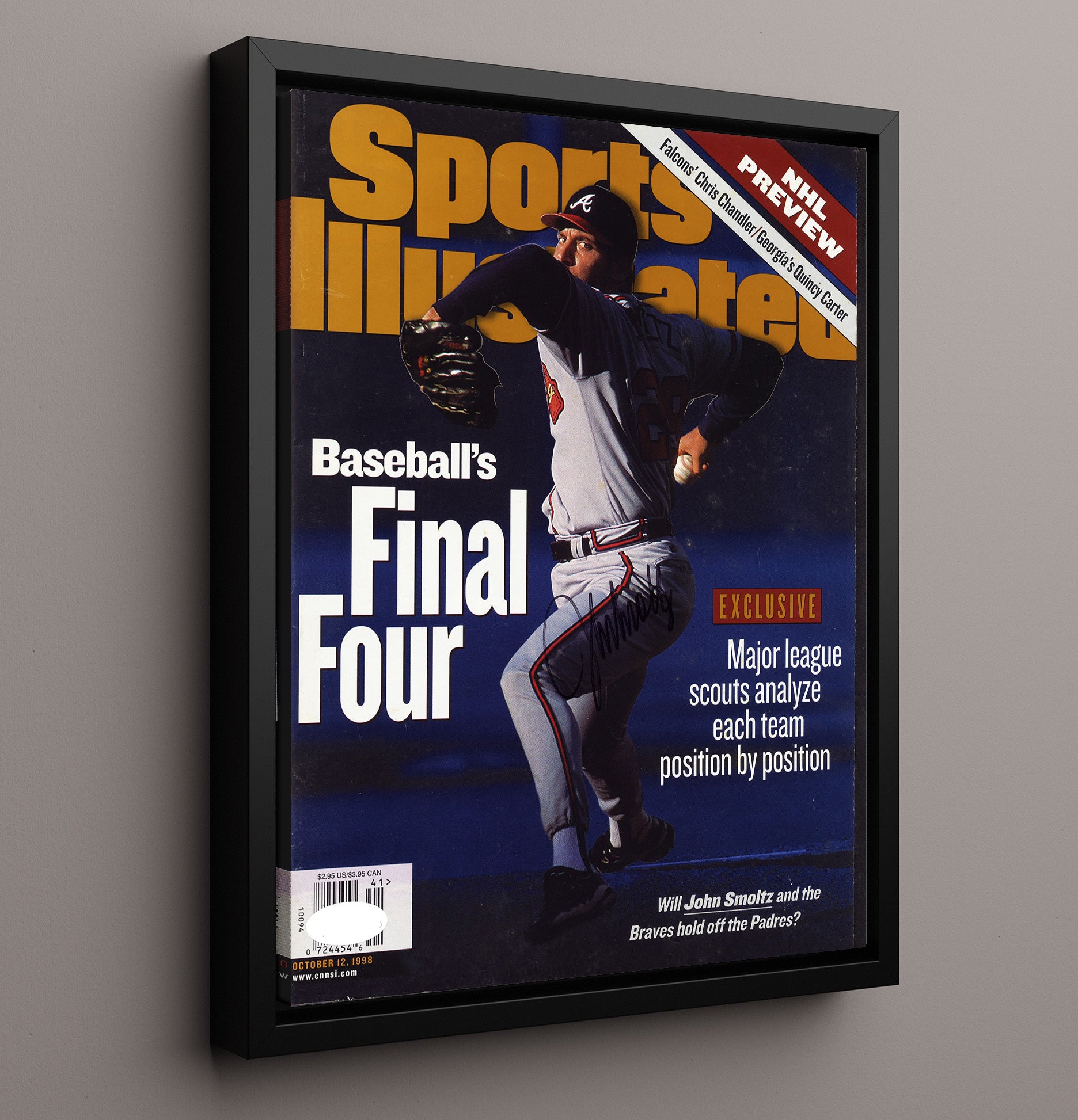 John Smoltz - Postseason Command SI Cover 1998 Baseball Wall Art 16x20 Framed Canvas wall art print – Baseball Wall Art decor