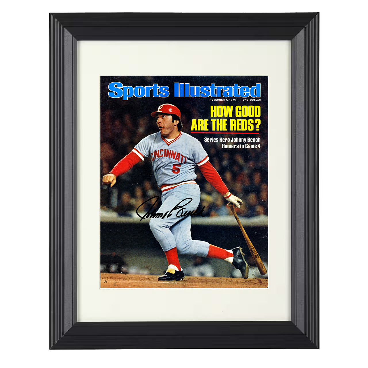 Johnny Bench - Reds Series Hero SI Cover 8x10 black beveled framed baseball wall art