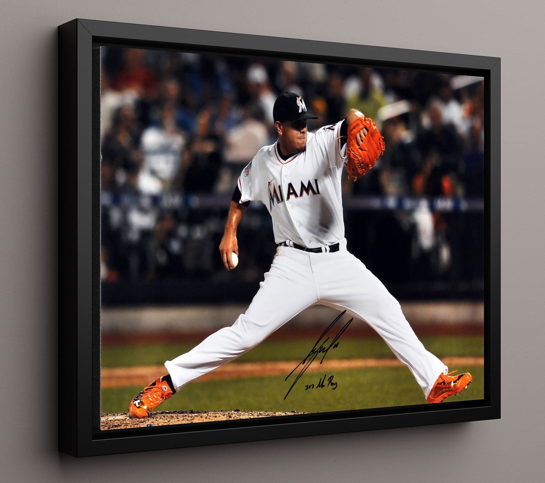 Jose Fernandez - Pitching Windup with Inscription Baseball Wall Art 16x20 Framed Canvas wall art print – Baseball Wall Art decor