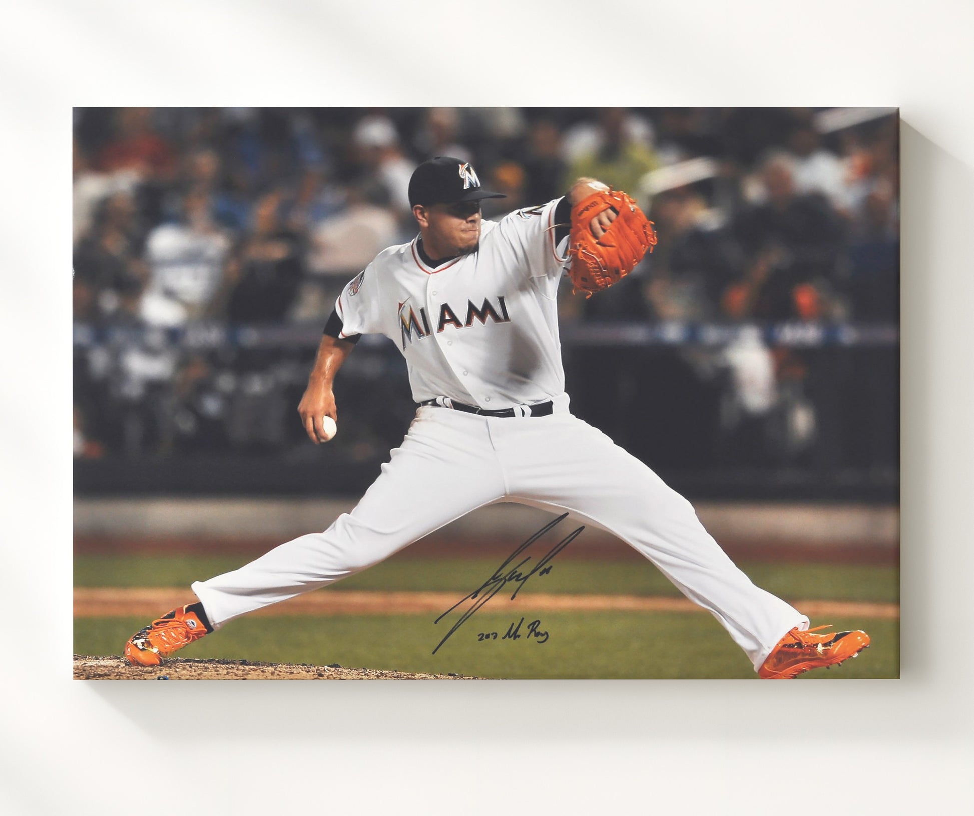 Jose Fernandez - Pitching Windup with Inscription Baseball Wall Art 20x24 Canvas wall art print – Baseball Wall Art decor
