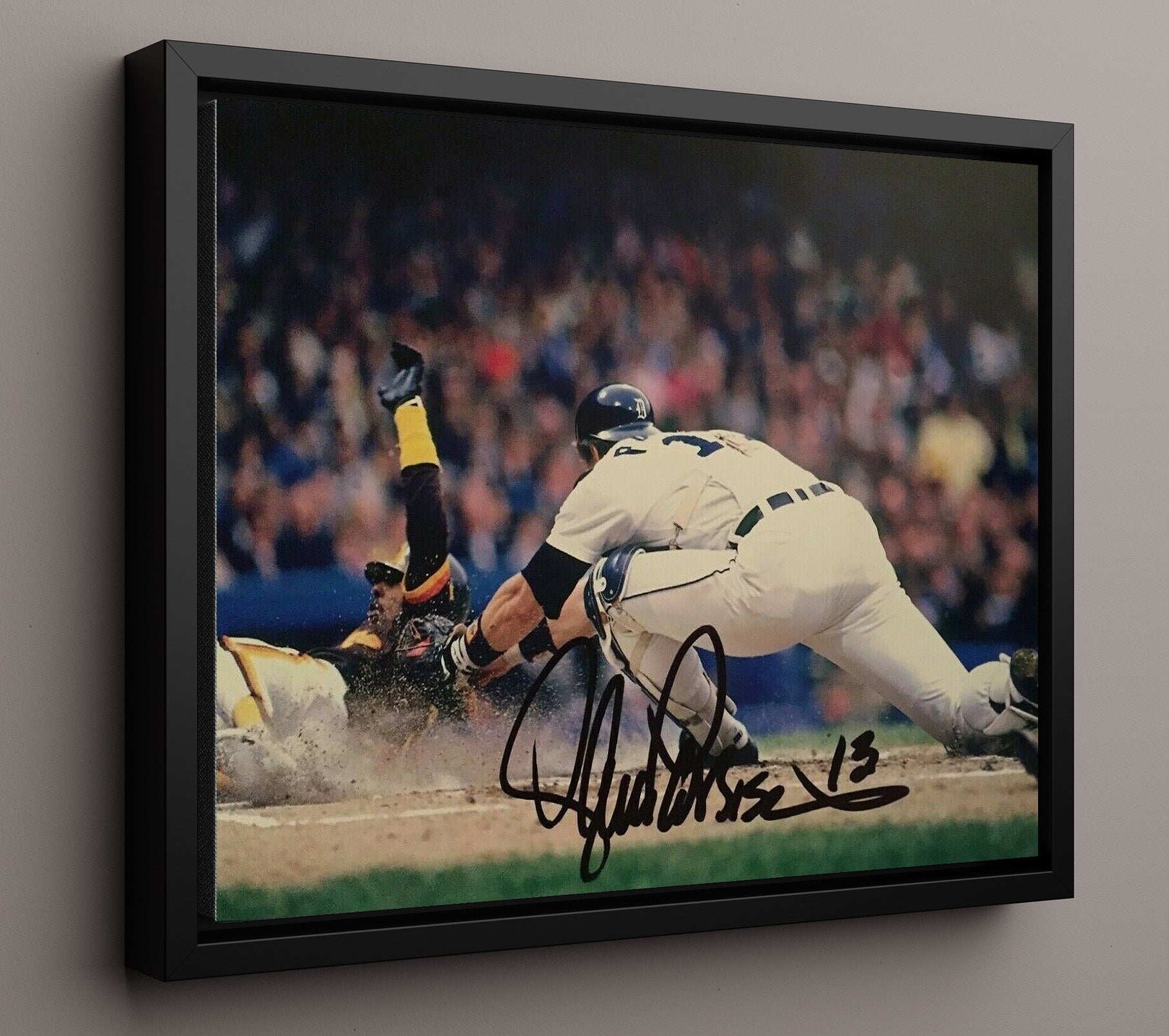 Lance Parrish - Safe At Home Slide Baseball Wall Art 16x20 Framed Canvas wall art print – Baseball Wall Art decor