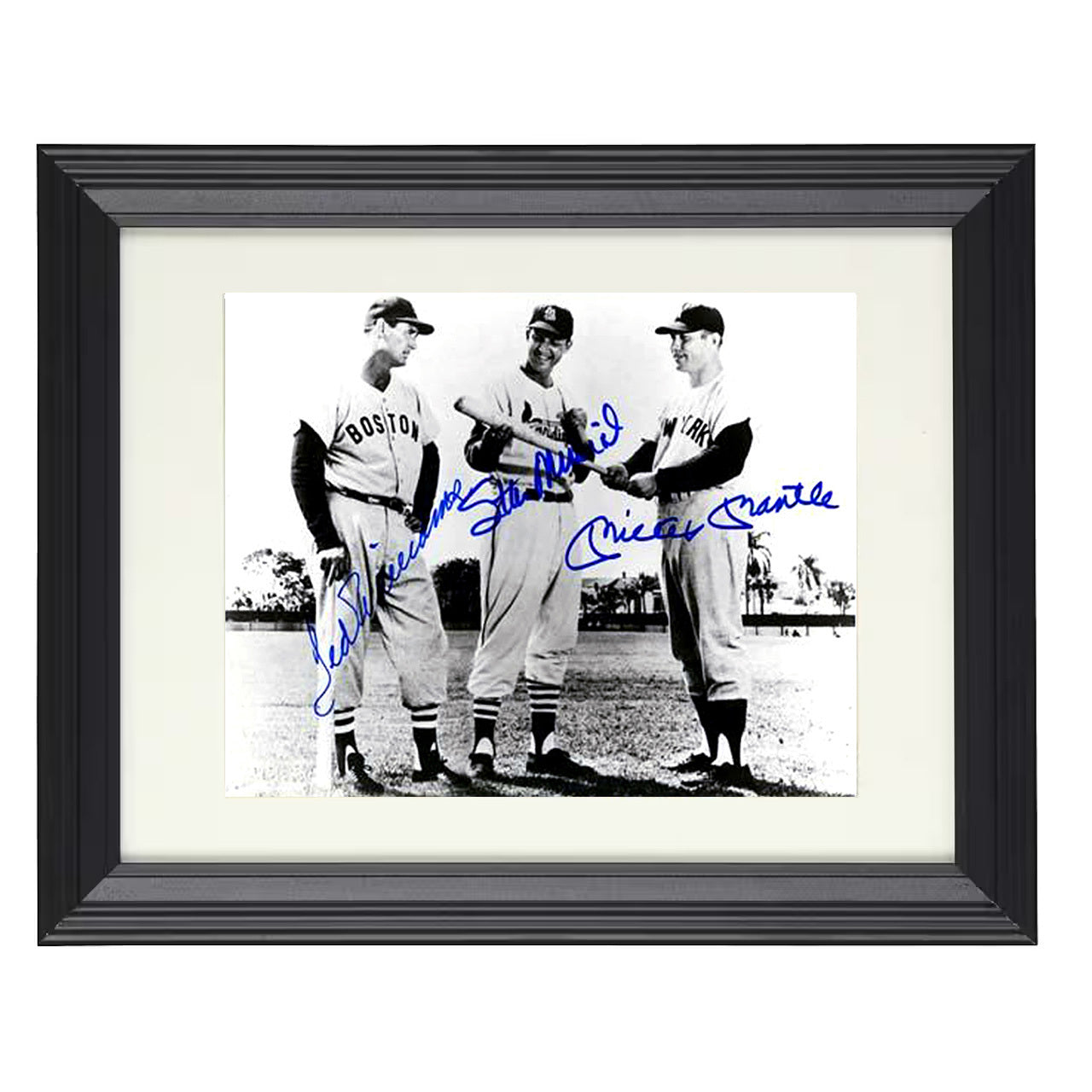 Mickey Mantle and Ted Williams and Stan Musial - Examining the Bat 8x10 black beveled framed baseball wall art