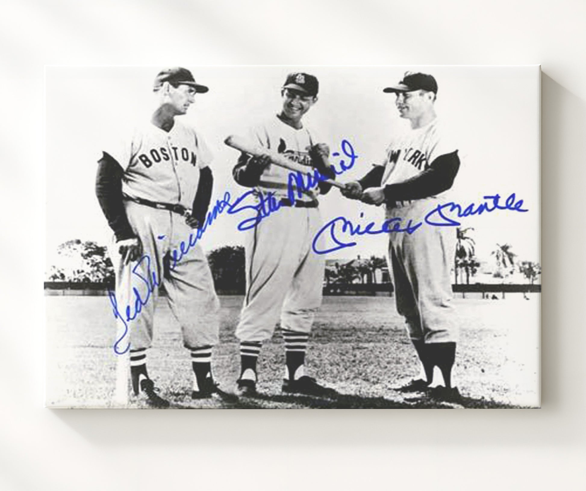 Mickey Mantle and Ted Williams and Stan Musial - Examining the Bat Baseball Wall Art 20x24 Canvas wall art print – Baseball Wall Art decor