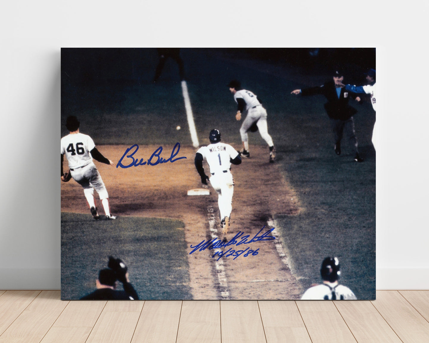 Mookie Wilson and Bill Buckner - Ball Through the Legs Spotlight Baseball Wall Art 16x20 Unframed Print wall art print – Baseball Wall Art decor