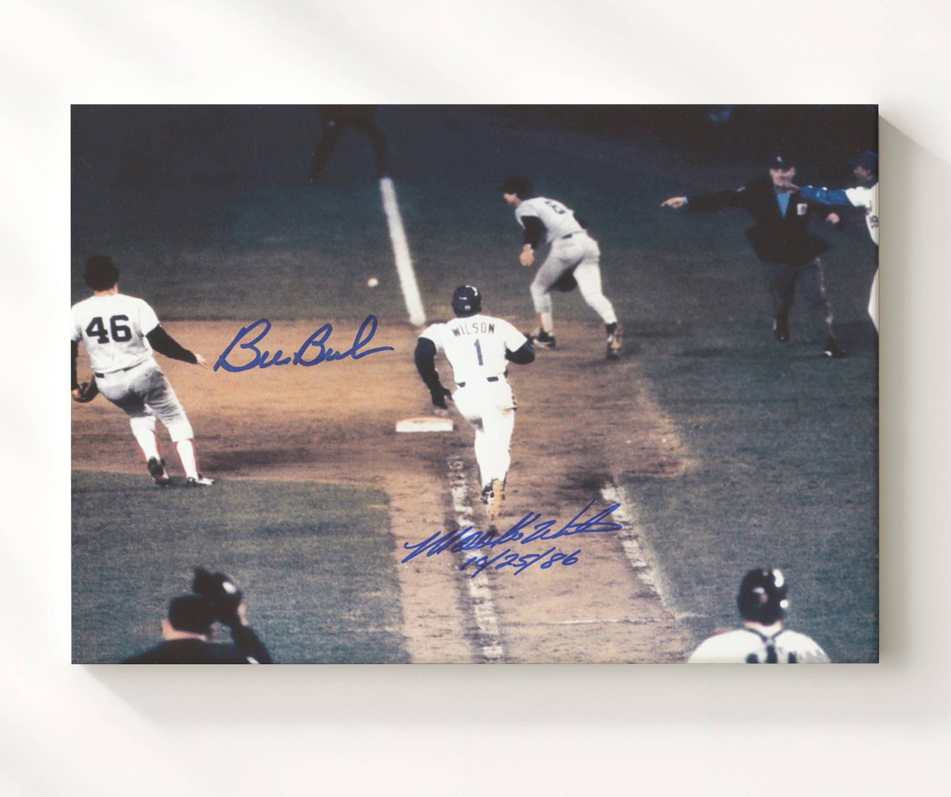 Mookie Wilson and Bill Buckner - Ball Through the Legs Spotlight Baseball Wall Art 20x24 Canvas wall art print – Baseball Wall Art decor