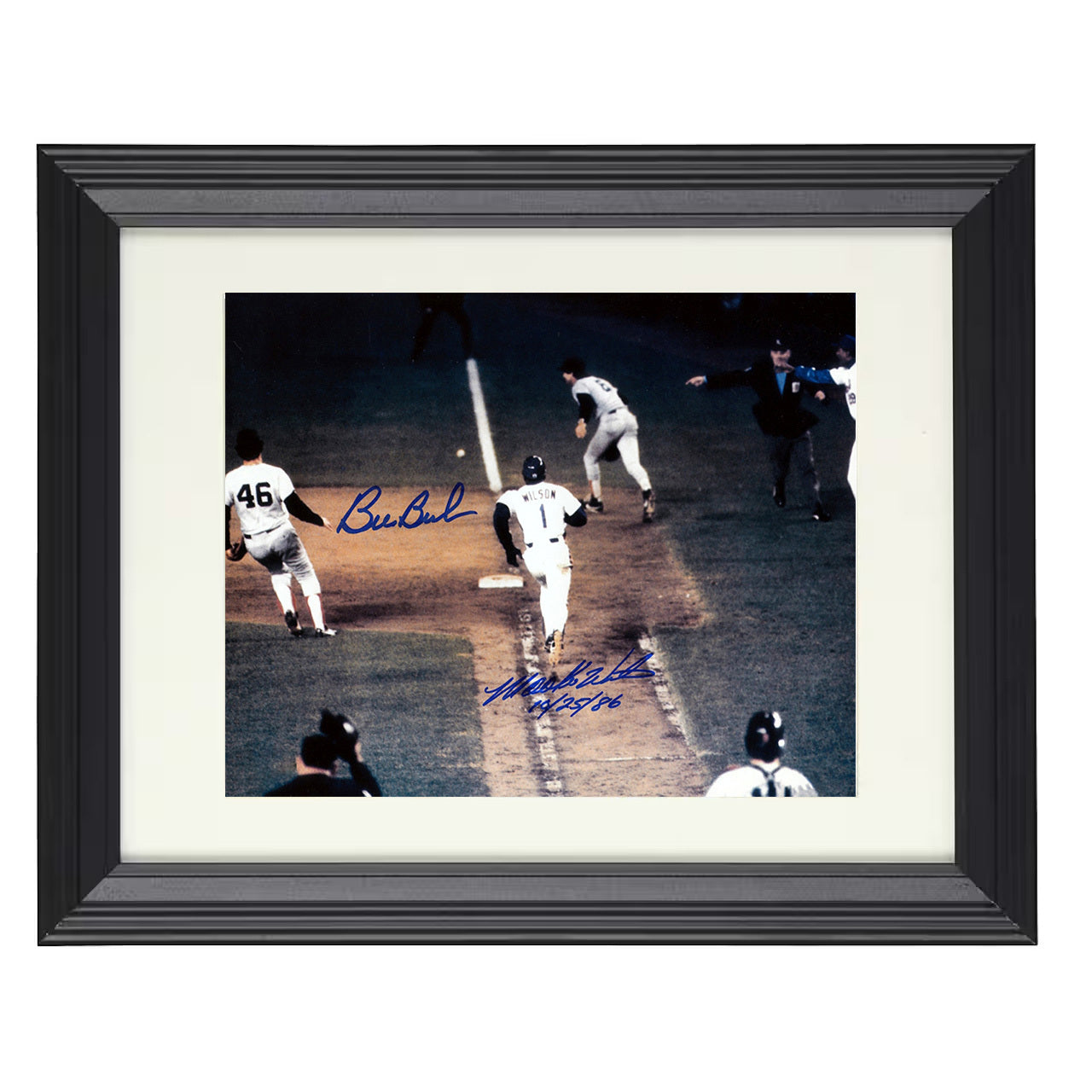 Mookie Wilson and Bill Buckner - Ball Through the Legs Spotlight 8x10 black beveled framed baseball wall art