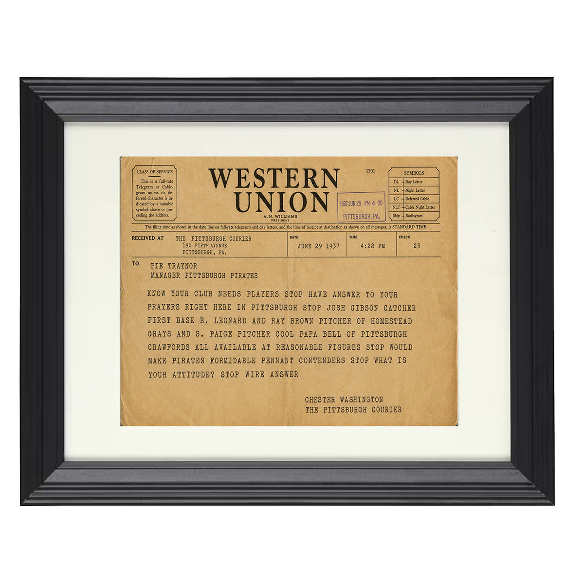 Negro League Stars Recruitment Telegram 1937 8x10 Beveled Frame baseball wall art